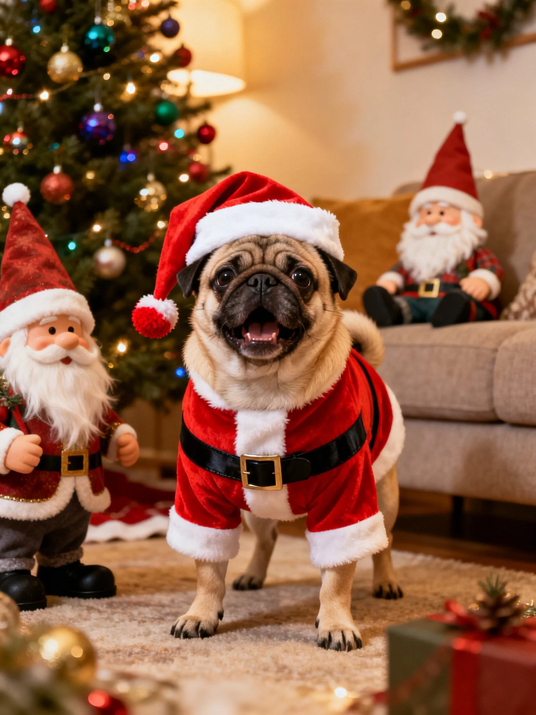 A pug in a Santa costume near two Santa dolls by a decorated Christmas tree