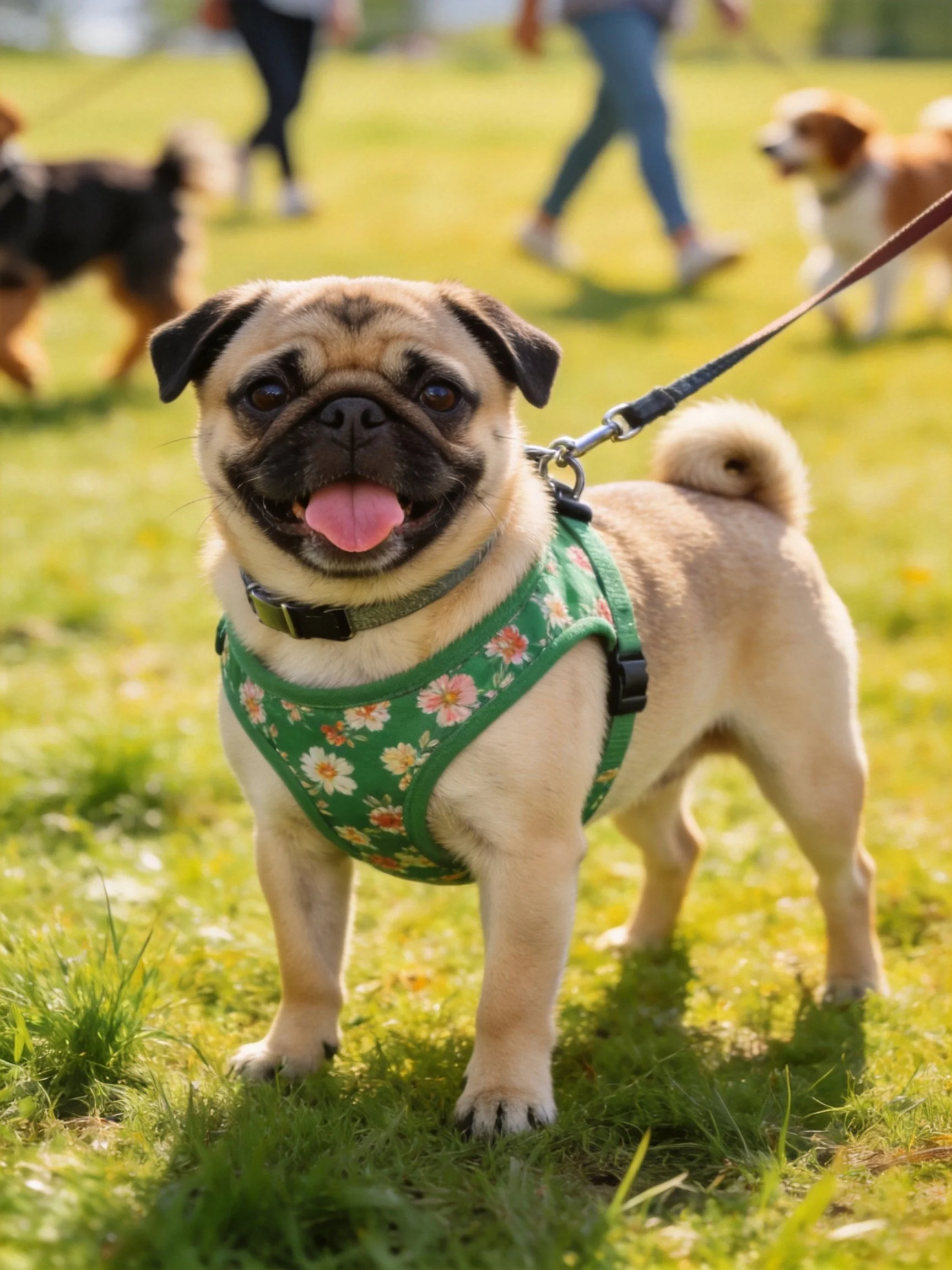 A pug in a floral harness enjoys a sunny day in a park with other dogs