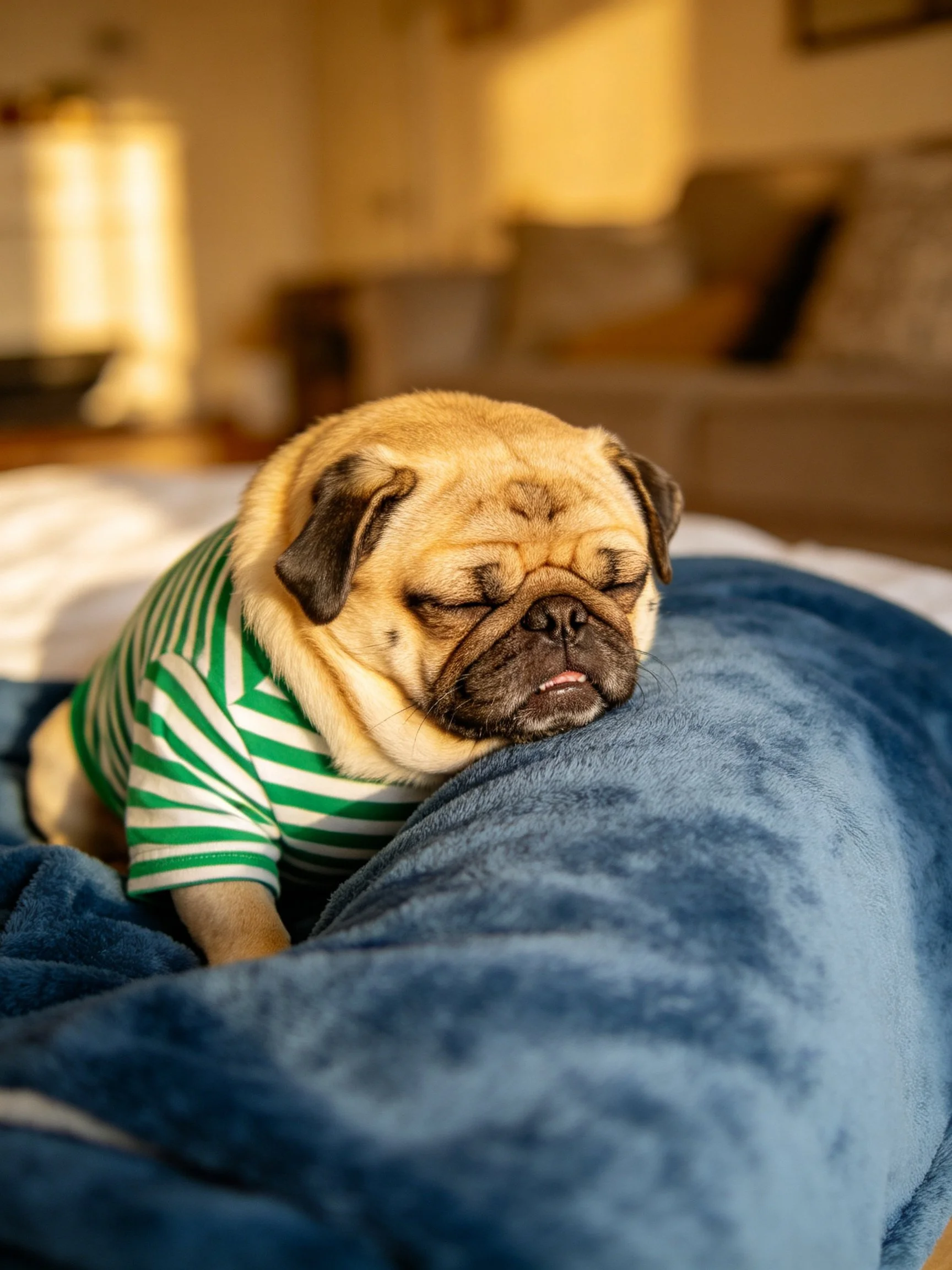 A pug in a striped shirt rests on a soft blue blanket