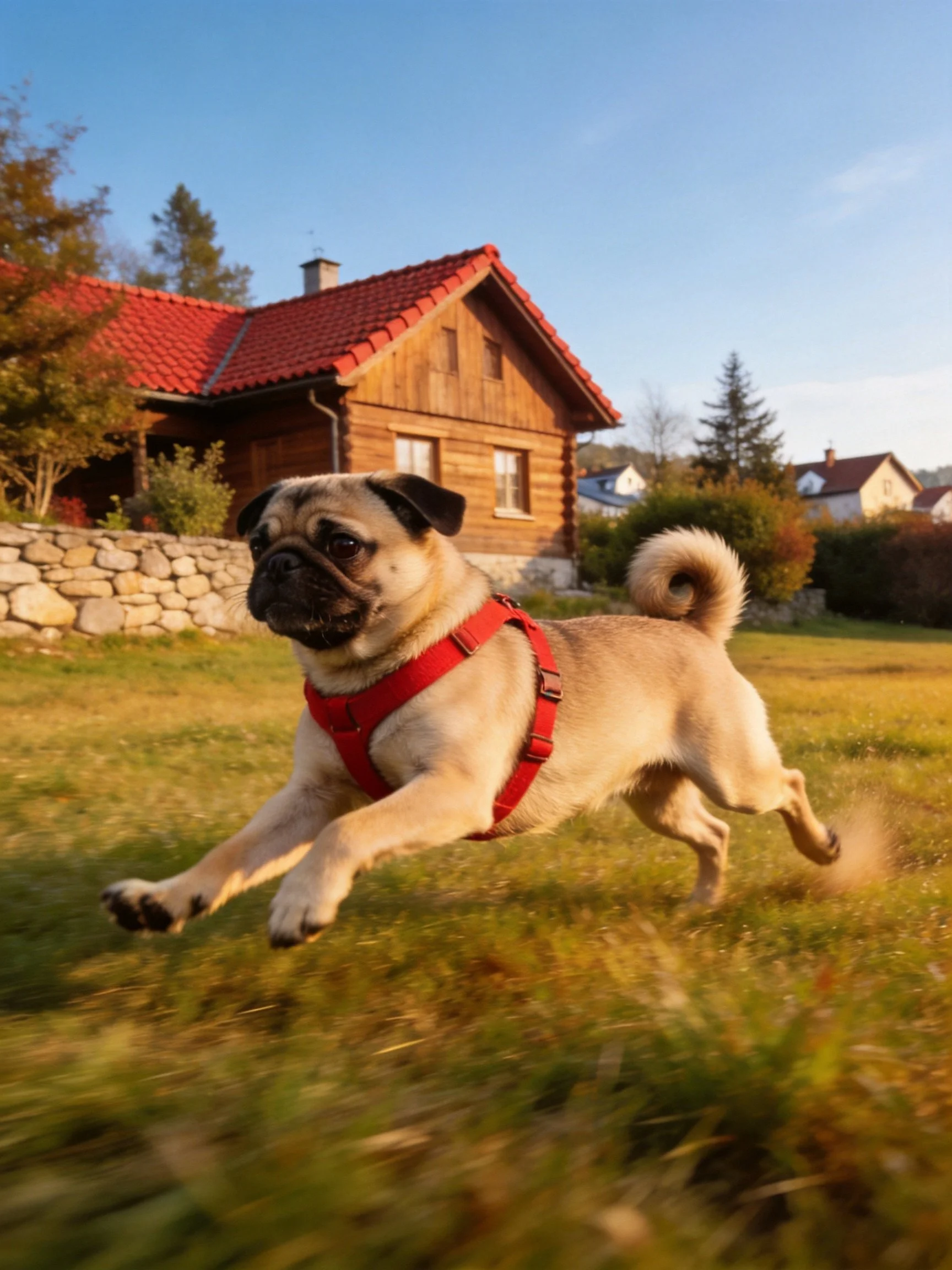 A pug wearing a red harness runs through a grassy area near a wooden cabin.