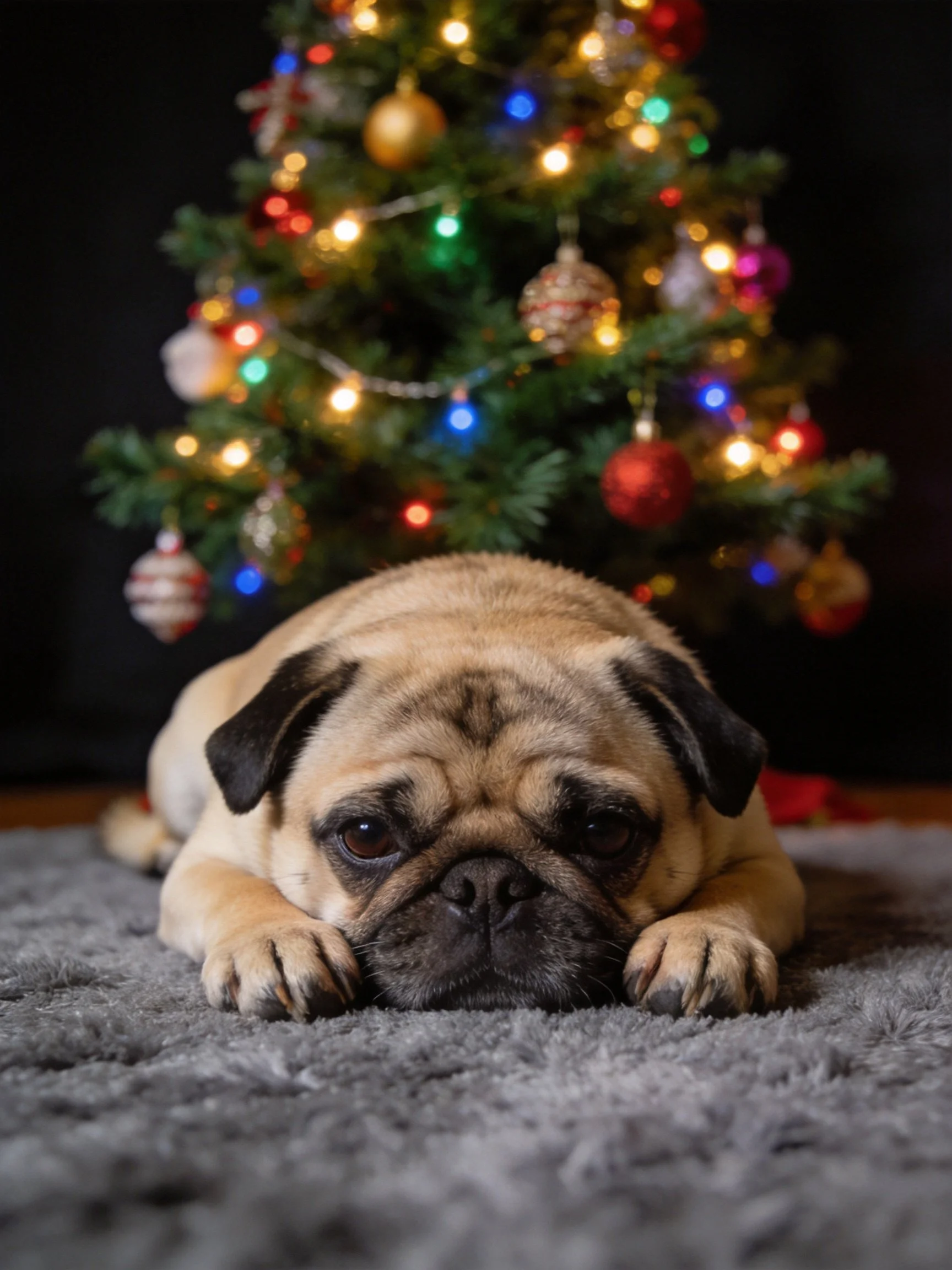 A pug rests beside a decorated Christmas tree with colorful lights