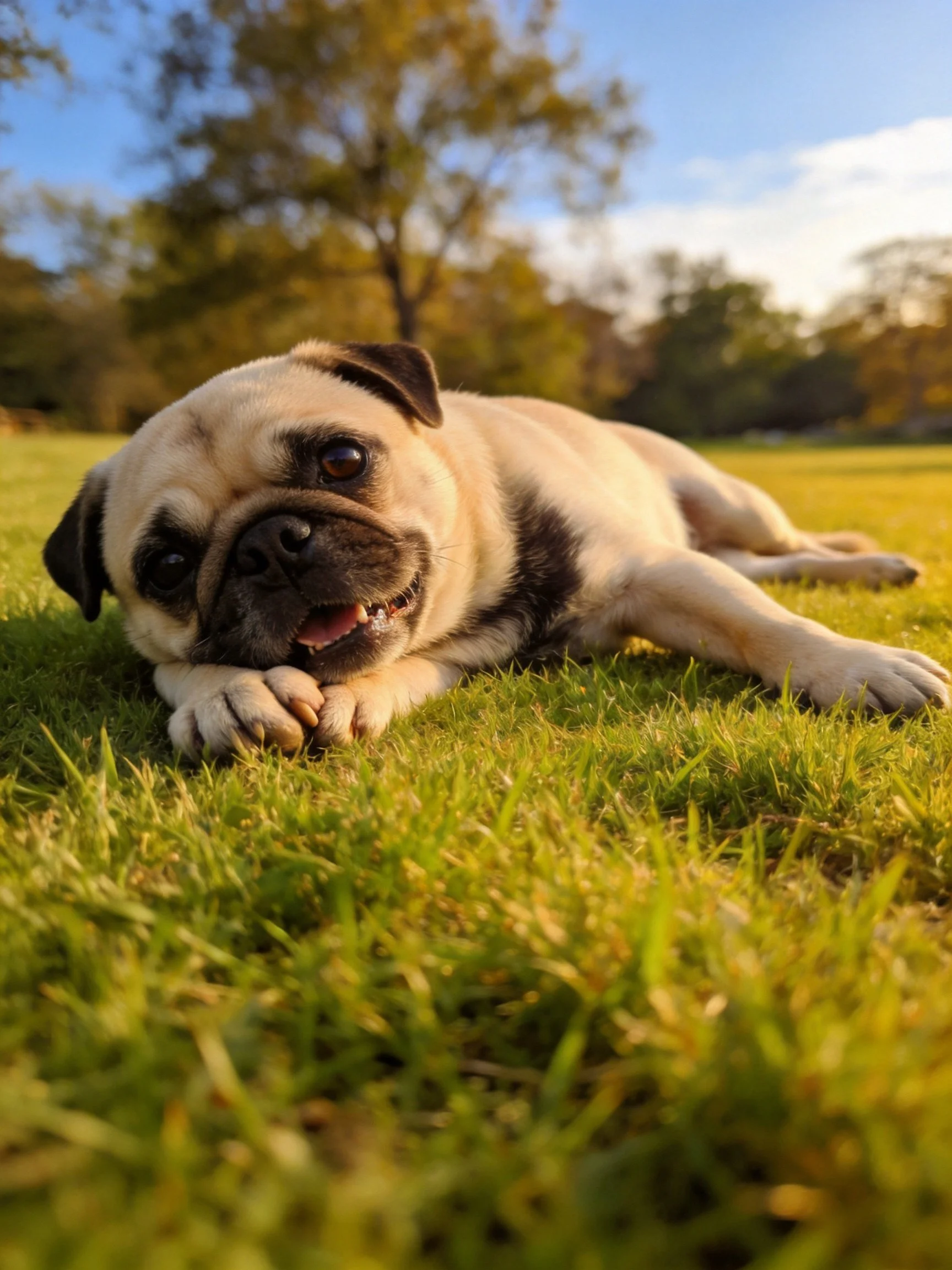 A pug lies comfortably on grass in a sunlit outdoor space.