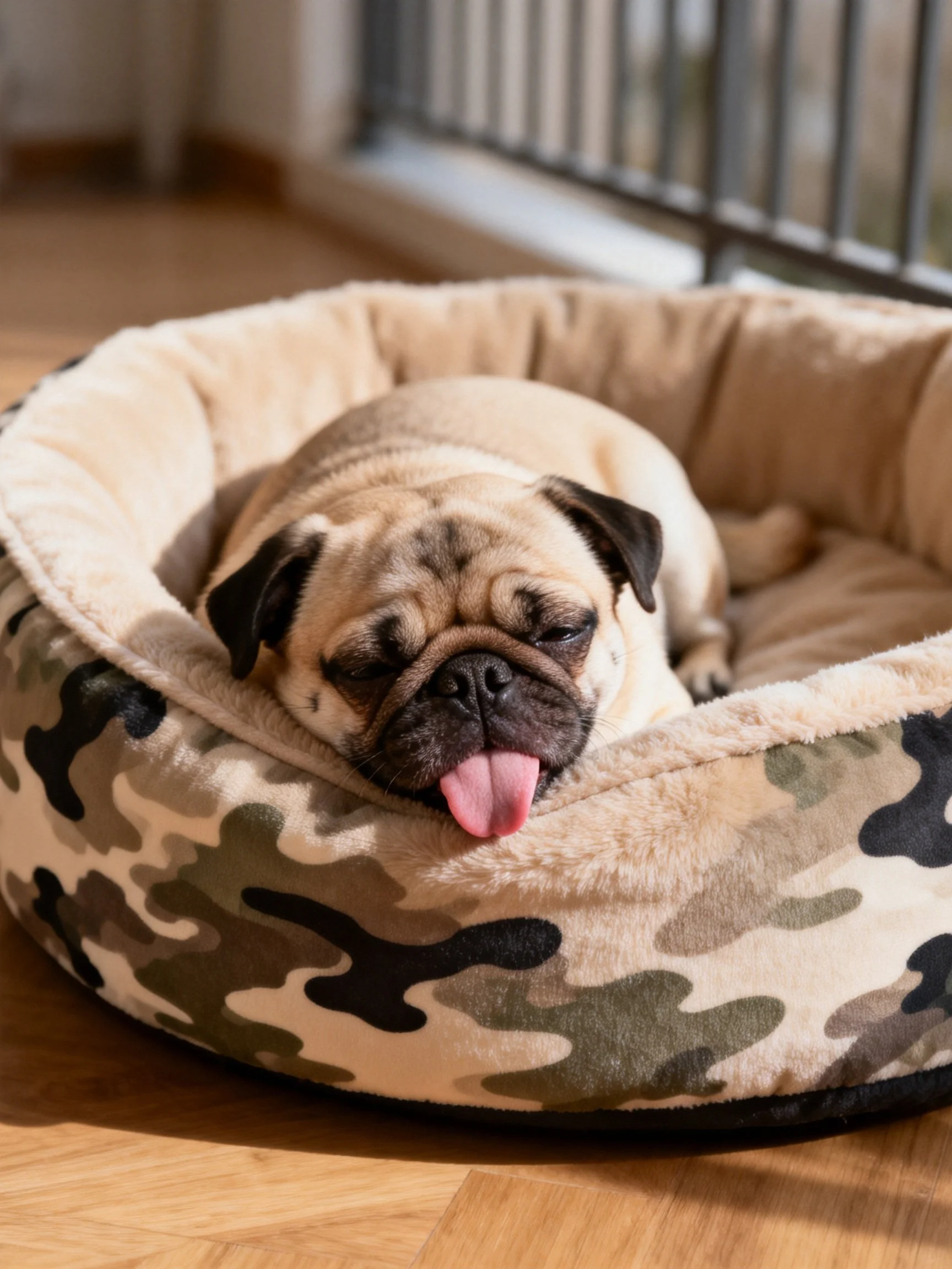 A pug relaxes comfortably in a camouflaged pet bed.