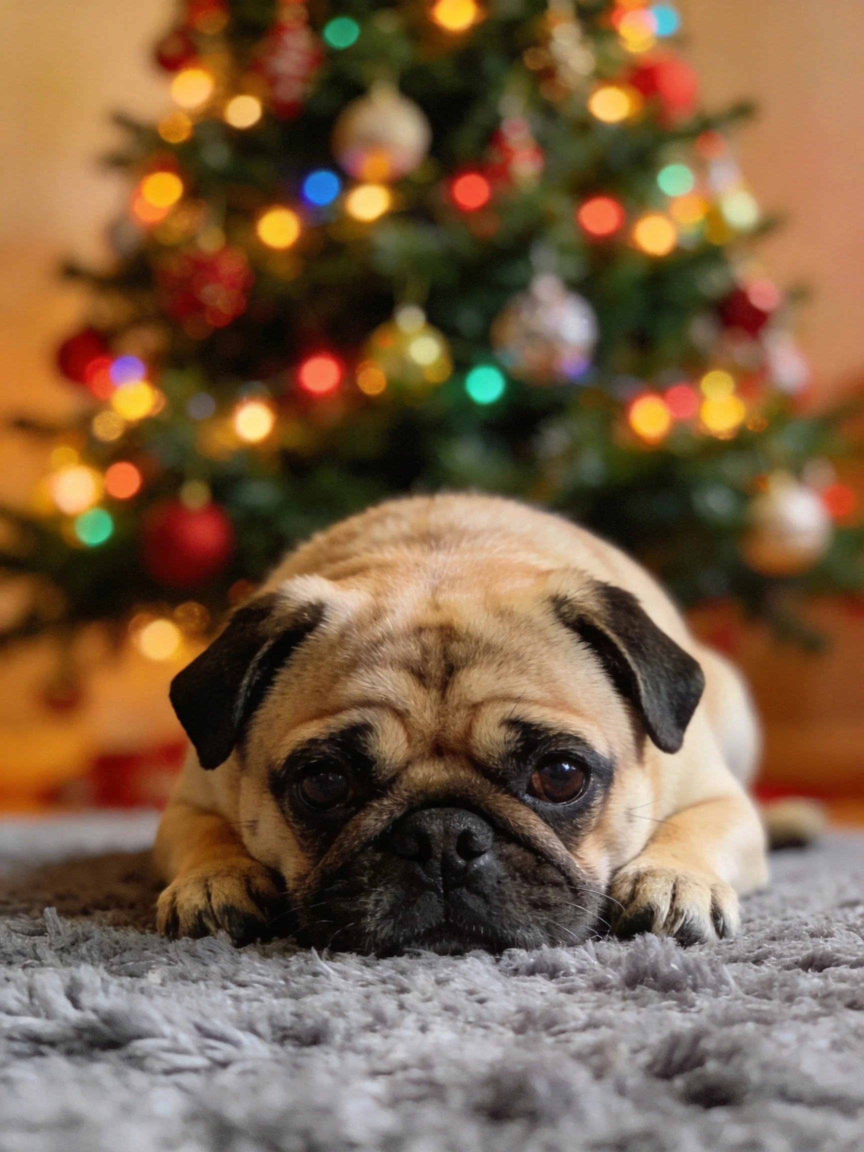 A pug lies calmly in front of a festively lit Christmas tree.