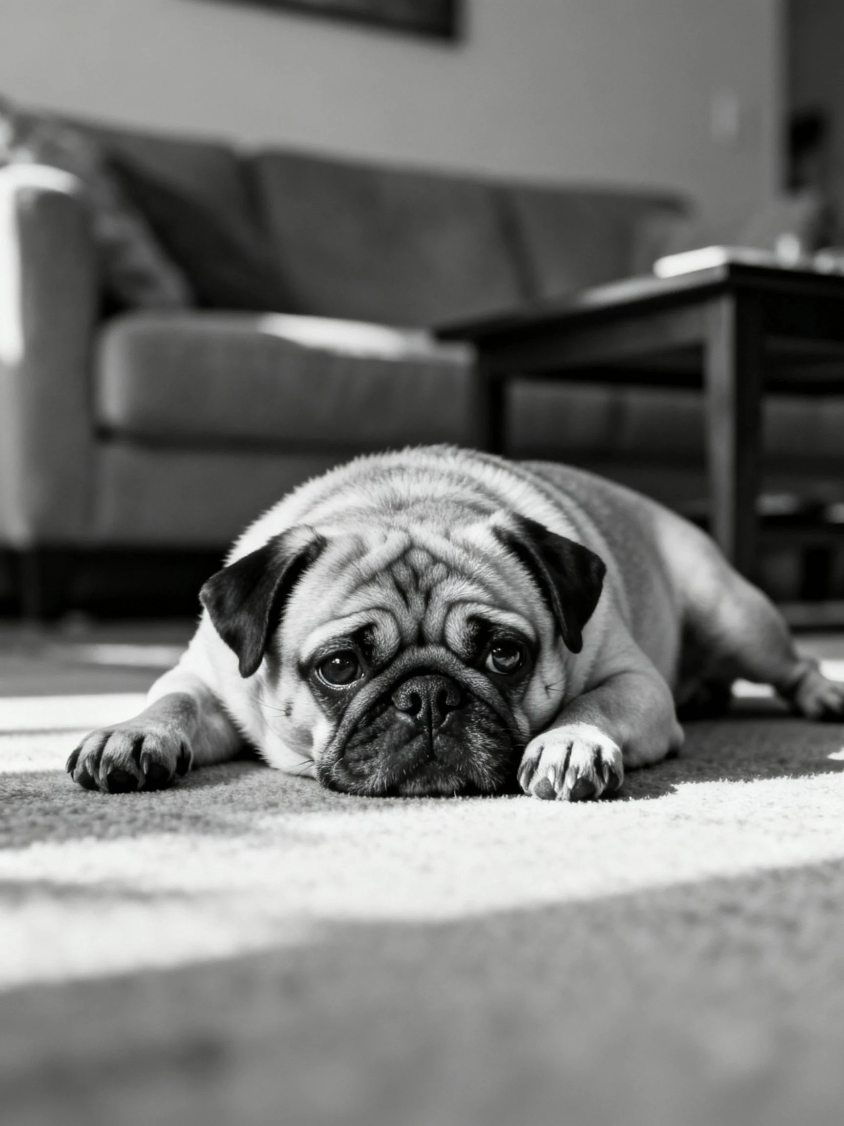 A pug lies on a carpet in a furnished living room