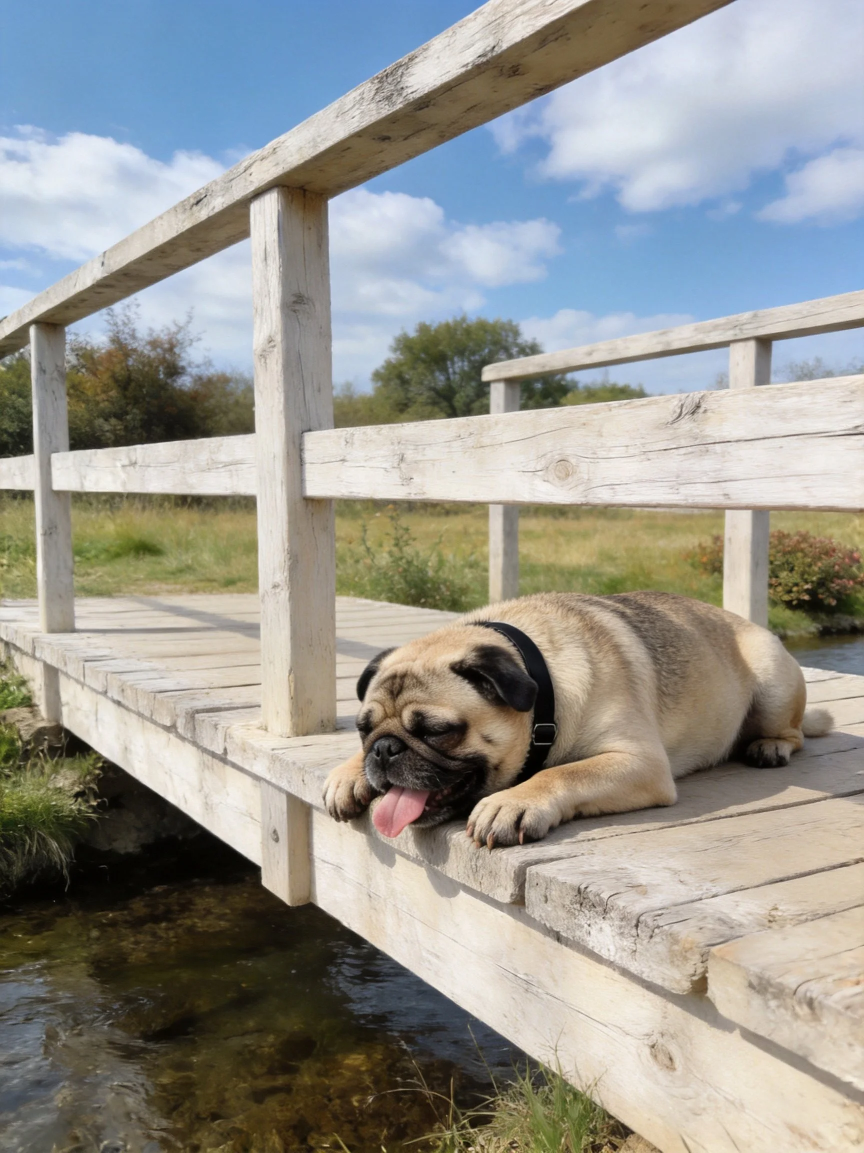 A pug relaxes ona wooden bridge over a stream in a sunny outdoor setting.