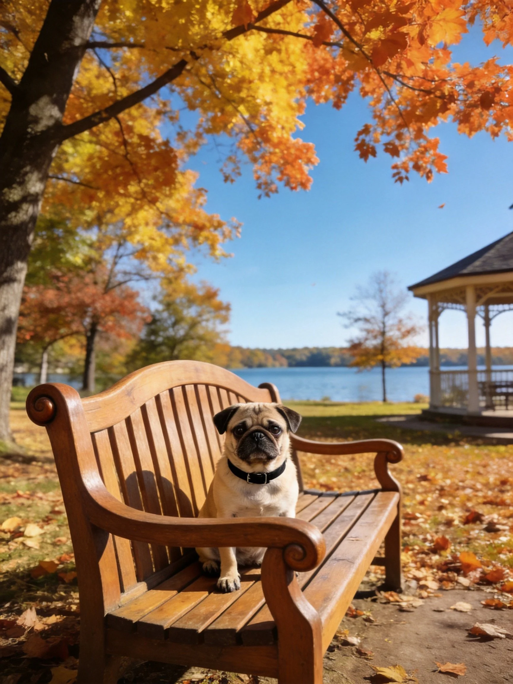 A pug sits on a wooden bench in an autumn park with scenic views.
