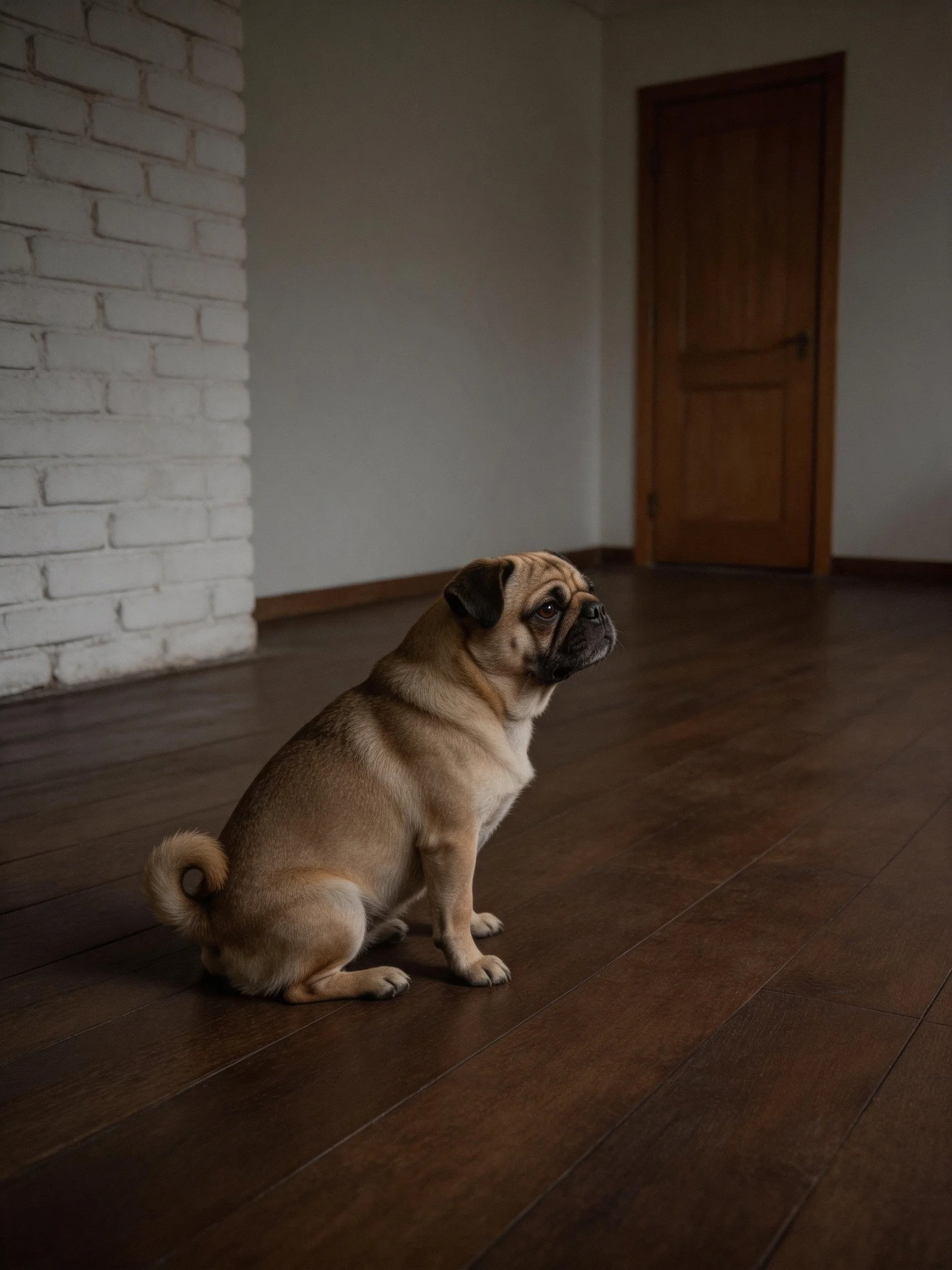 A pug sits calmly on dark hardwood floors in a minimally furnished room.