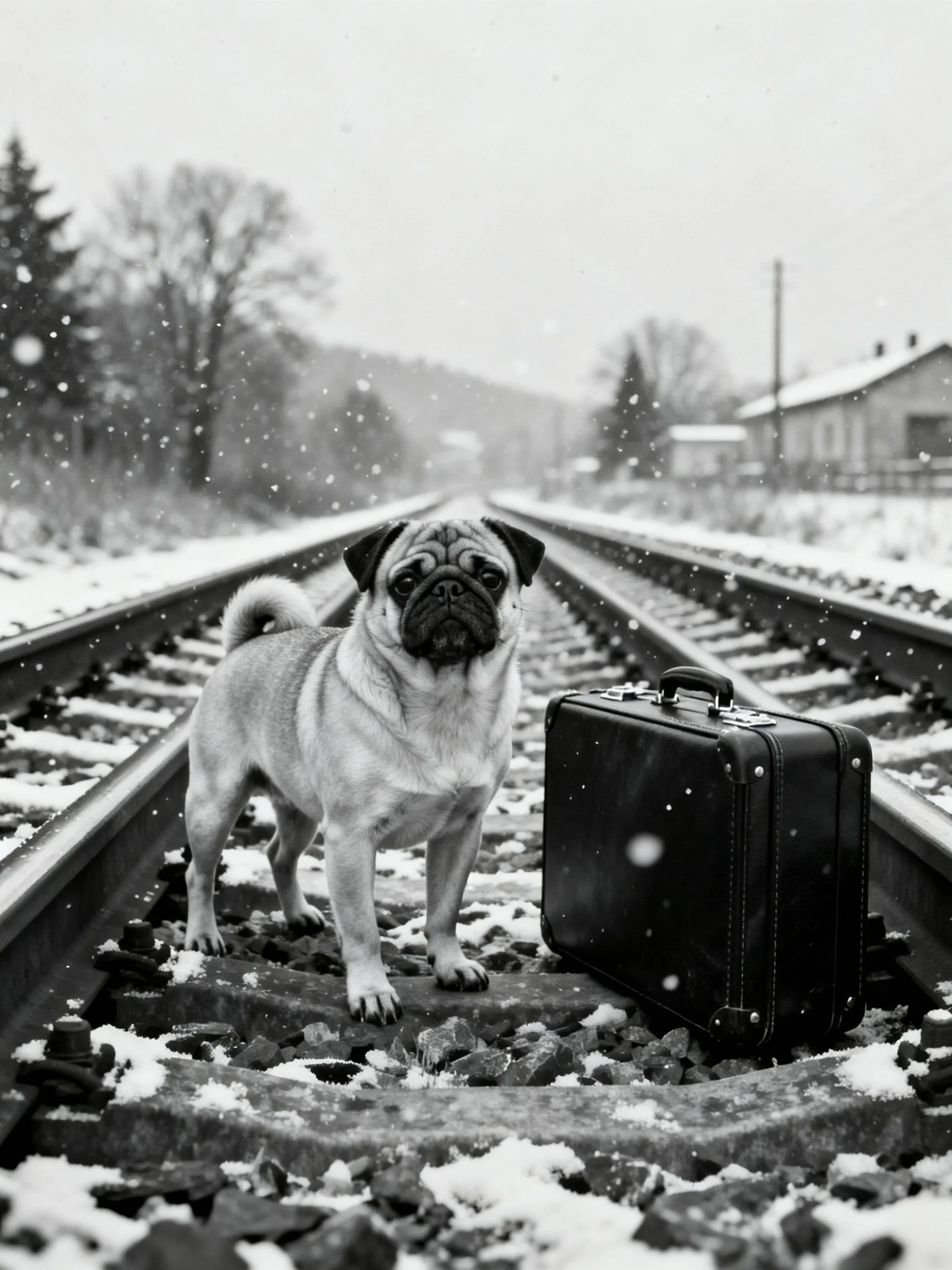 A pug stands near a suitcase on snow-covered railroad tracks