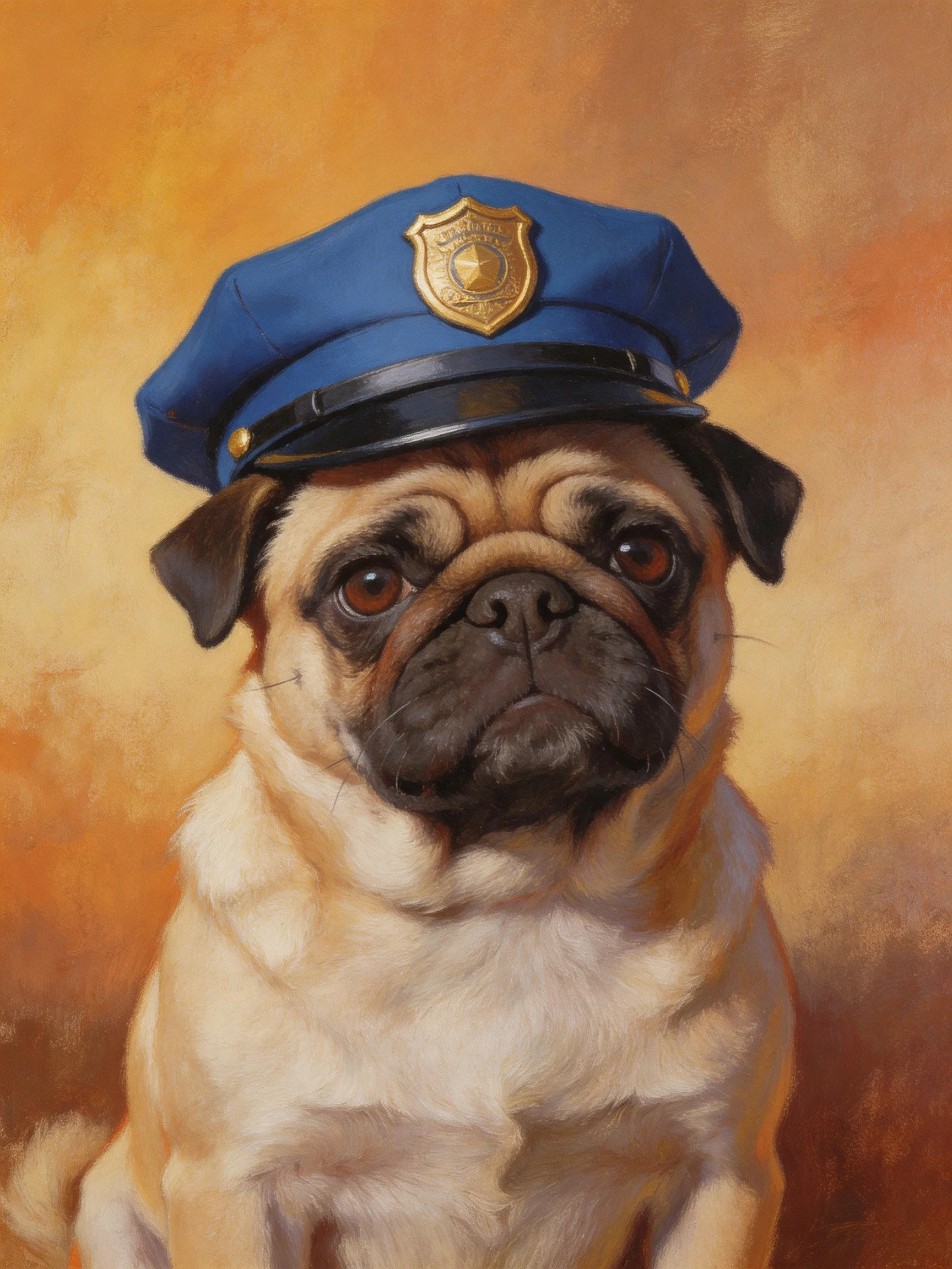 A pug depicted as a police officer with a blue cap and golden badge