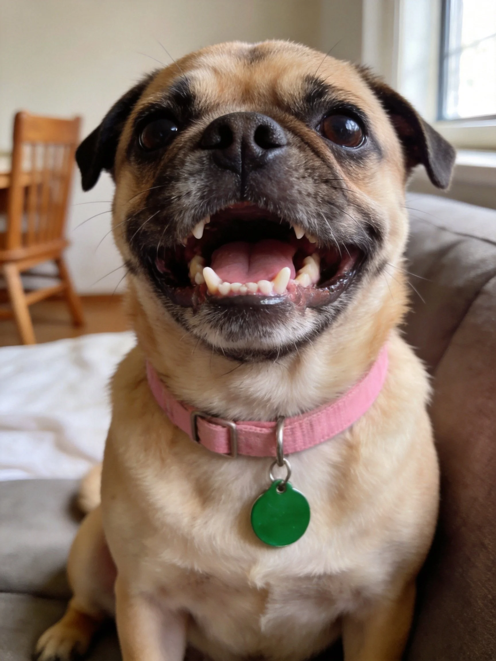 A happy pug with a pink collar sits on a couch
