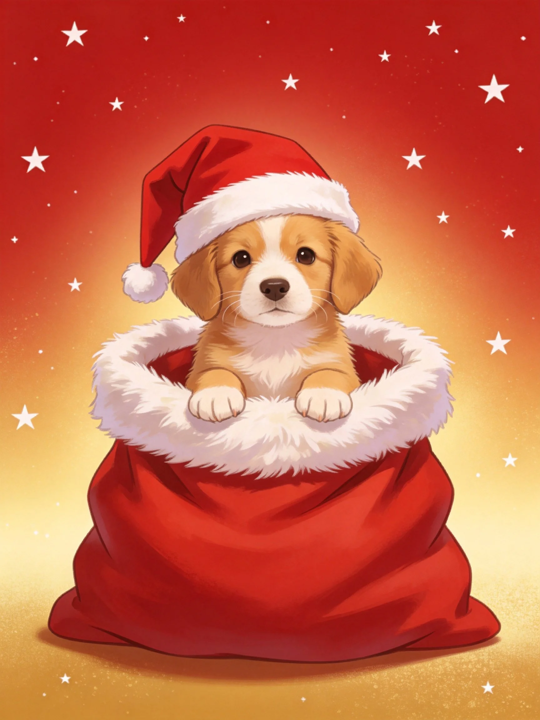 A puppy in a red Santa sack with a festive Santa hat