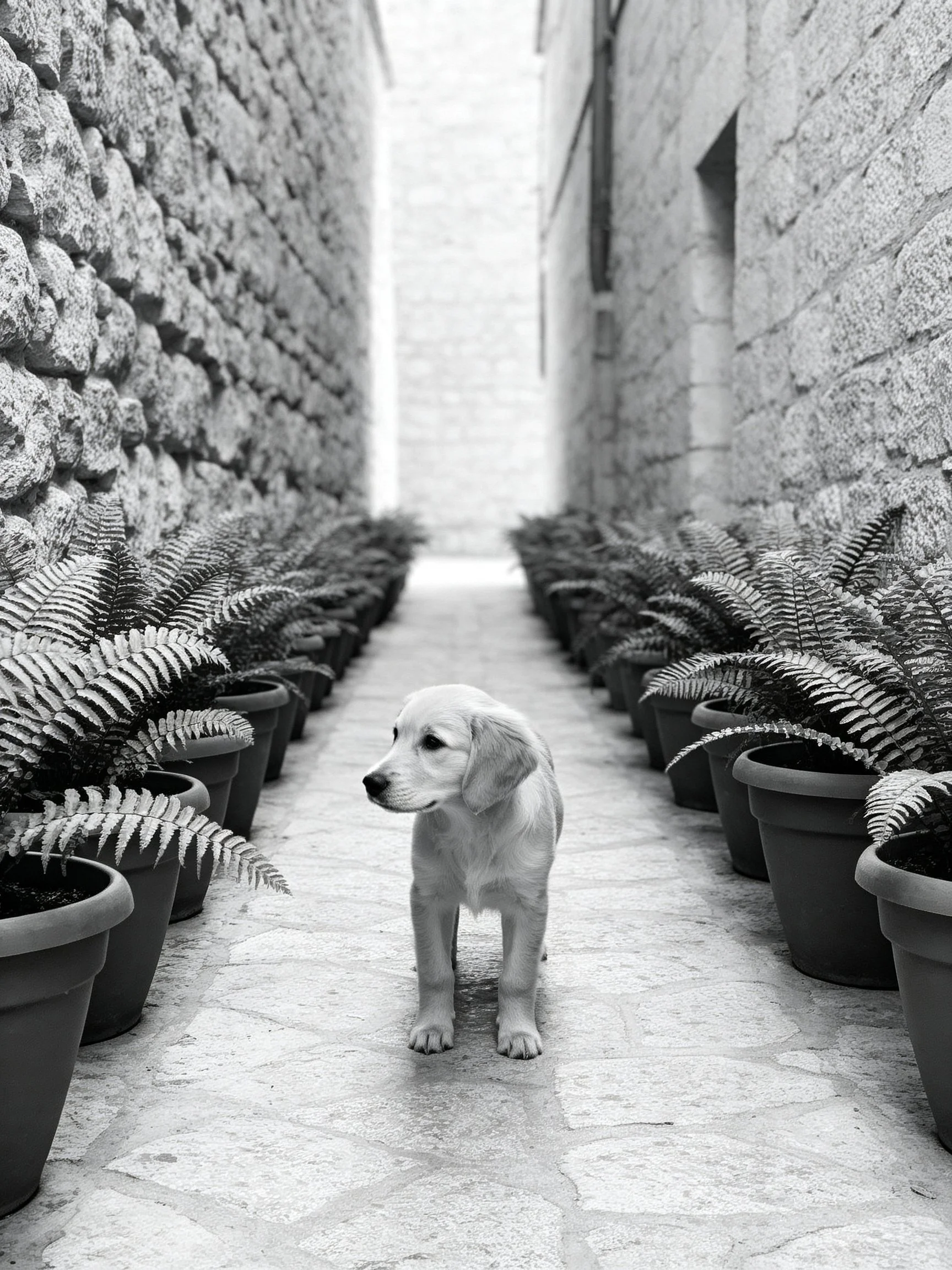 A puppy stands amid rows of potted ferns lining both sides of a narrow stone alley.