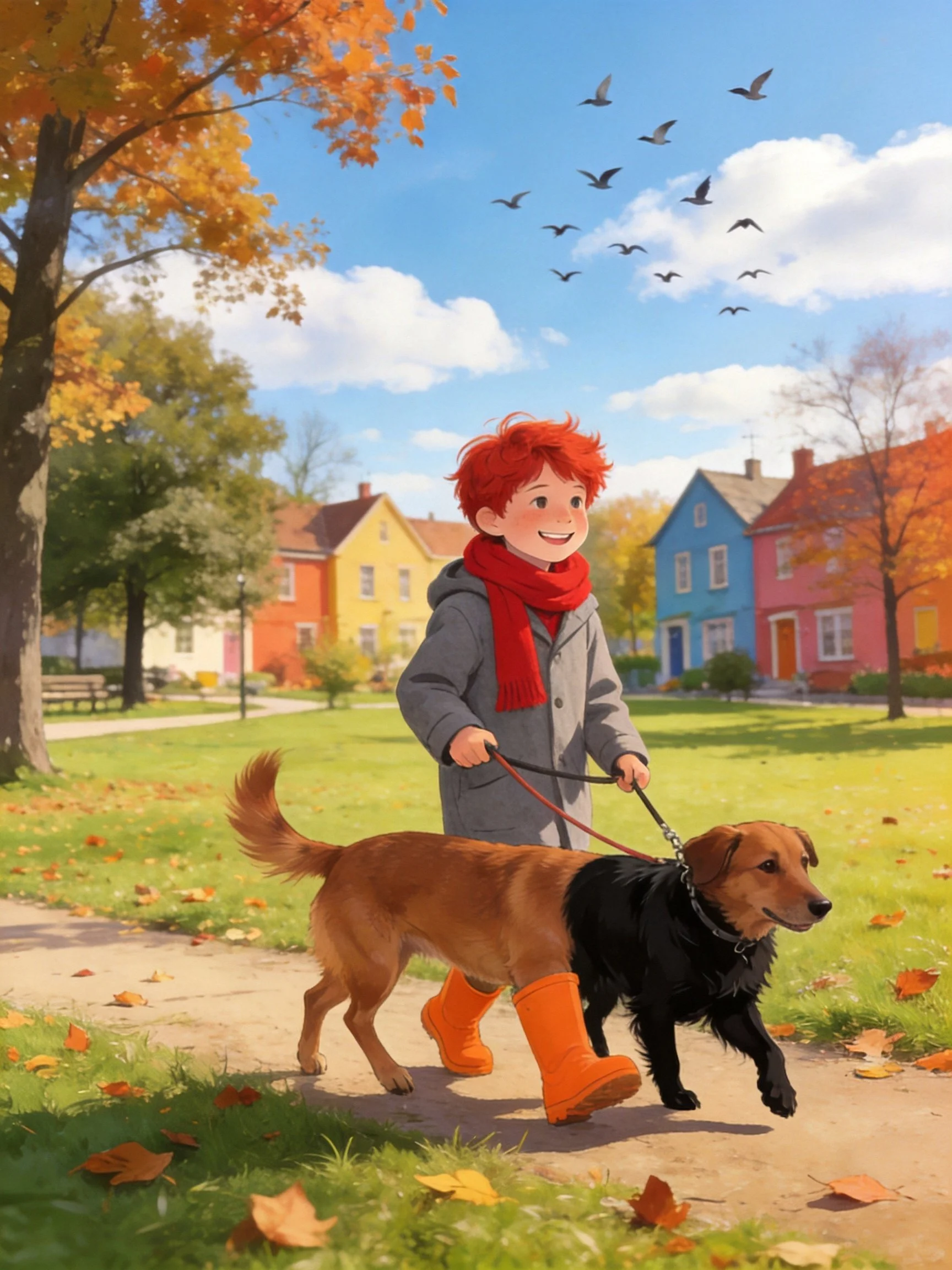 A red-haired child walks two dogs past colorful autumn homes