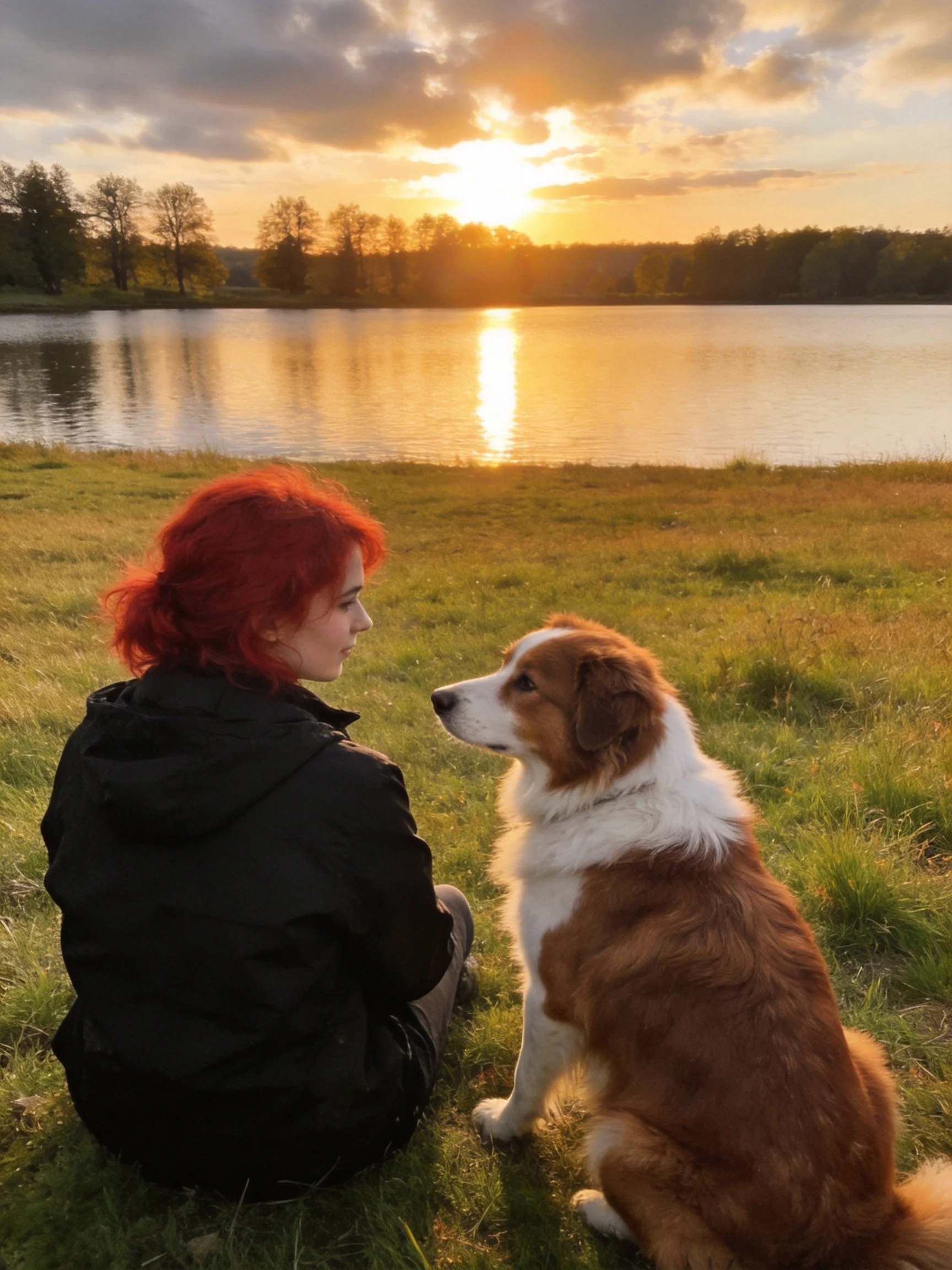 A woman with red hair sits beside her dog by a lake during a golden sunset.