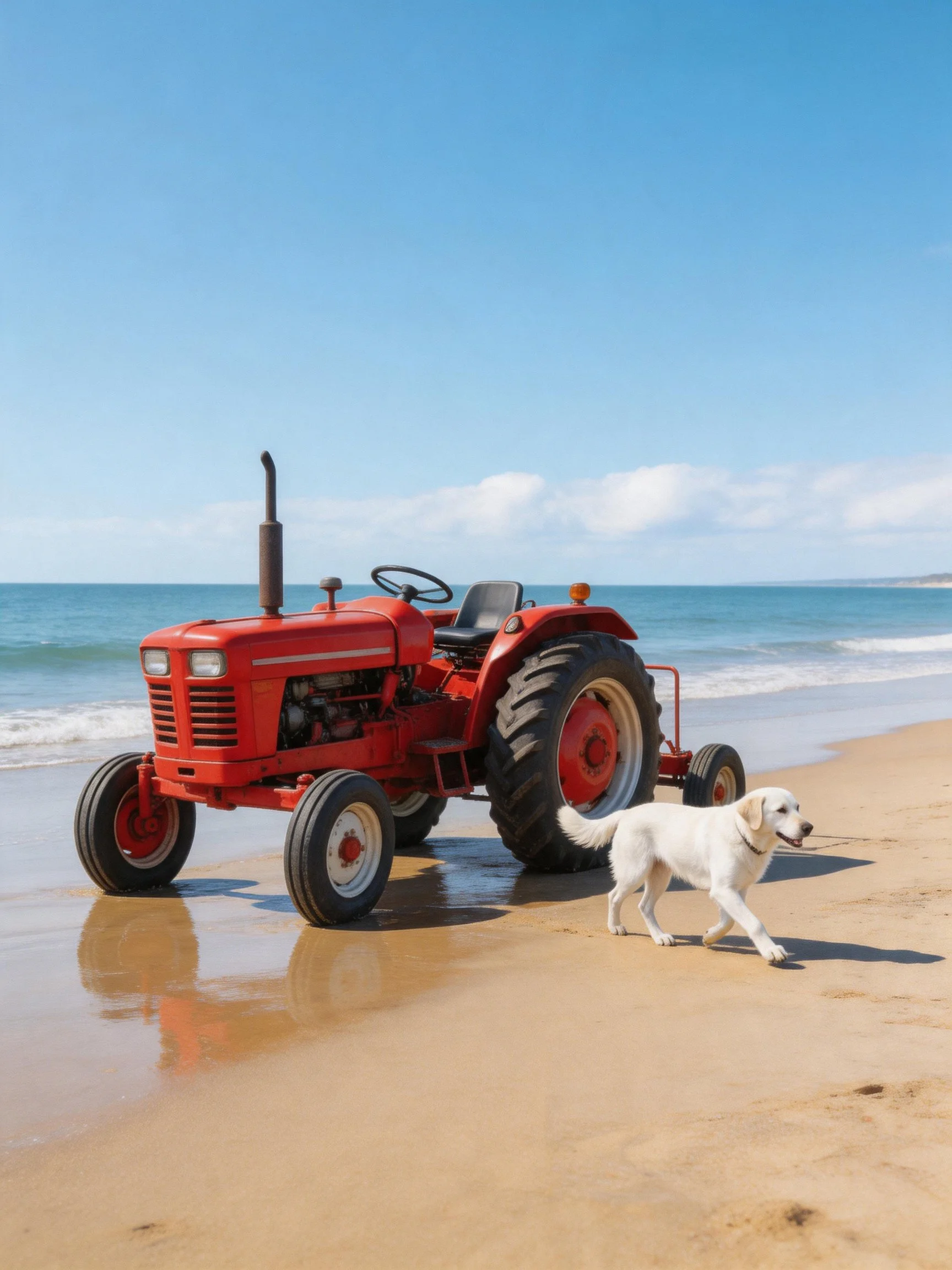 A red tractor on a sandy beach with a white dog nearby