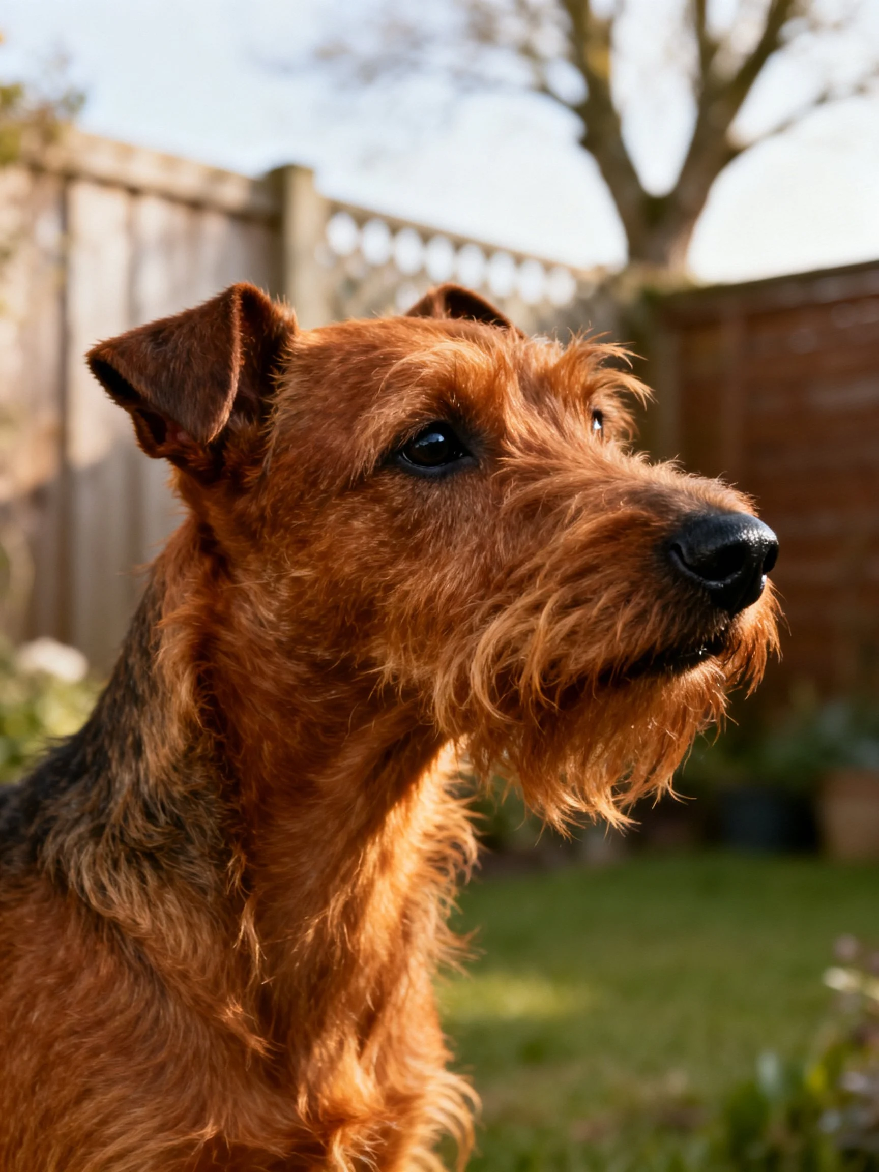 A reddish-brown Airedale Terrier in a sunlit backyard with wooden fences