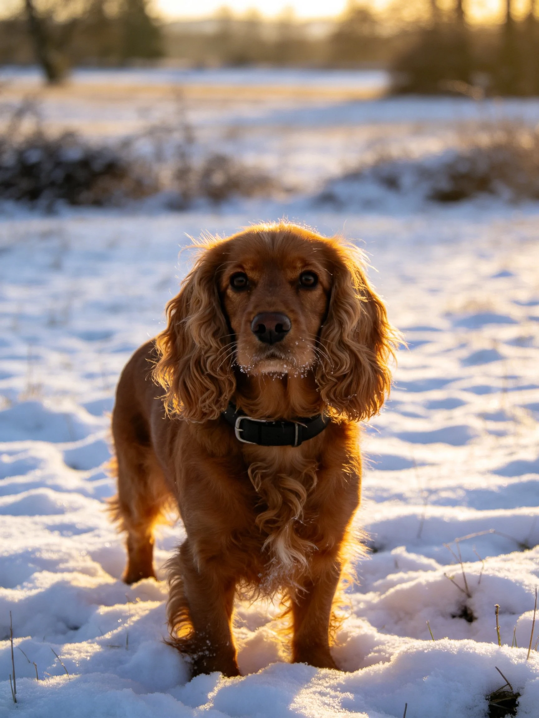 A reddish-brown Cocker Spaniel in a snowy field under warm sunlight