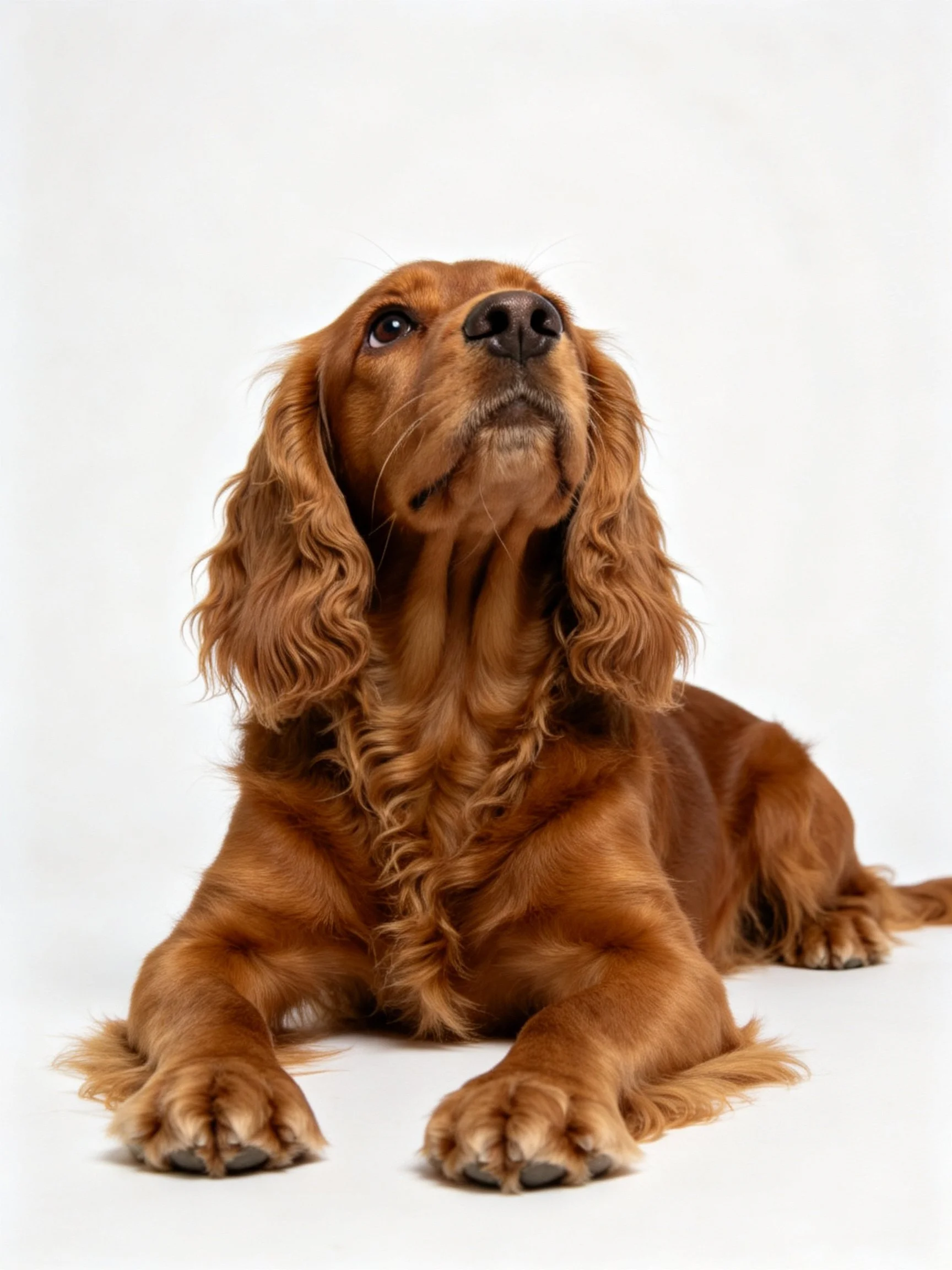 A reddish-brown Cocker Spaniel lies attentively on a white surface