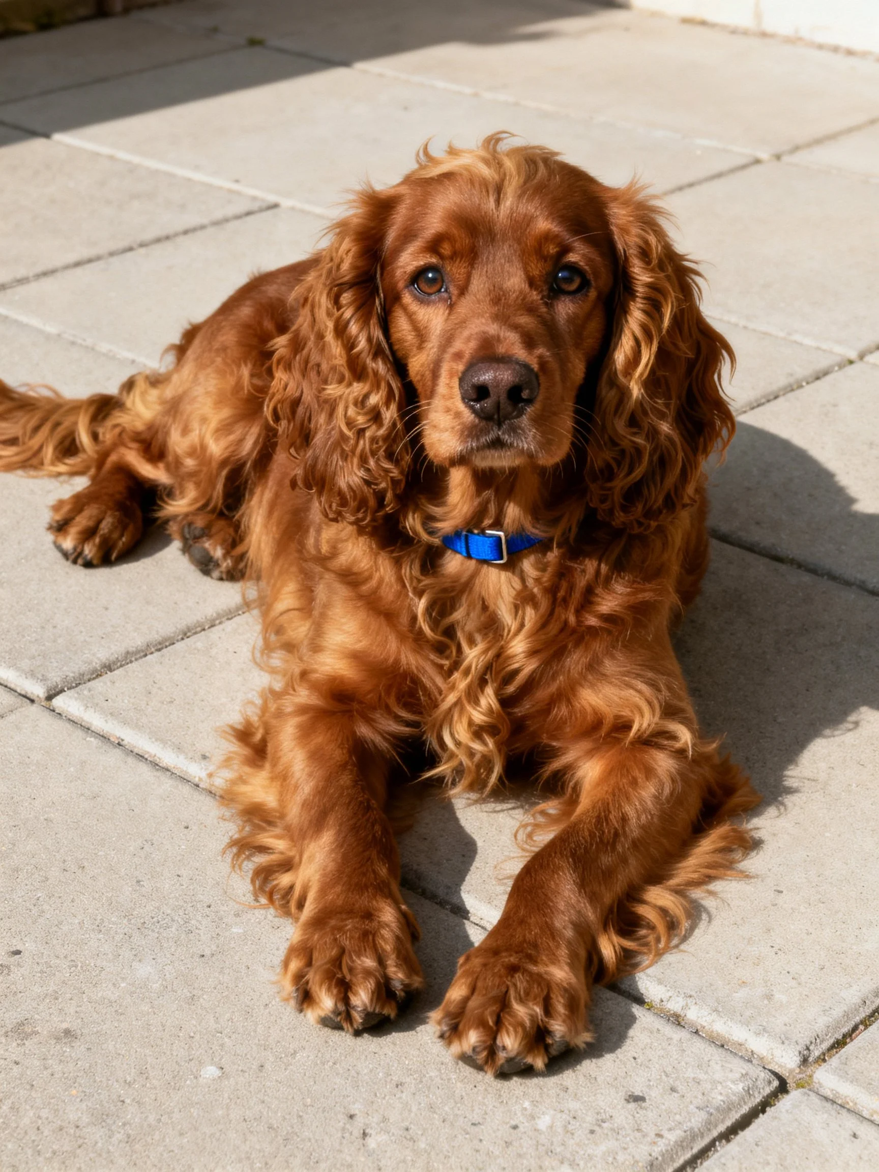 A reddish-brown Cocker Spaniel rests on a stone-tiled patio
