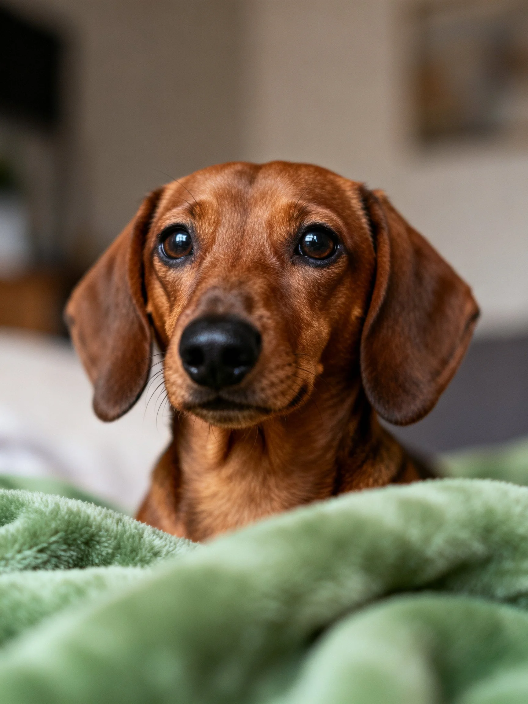 A reddish-brown Dachshund peeks from a soft green blanket indoors