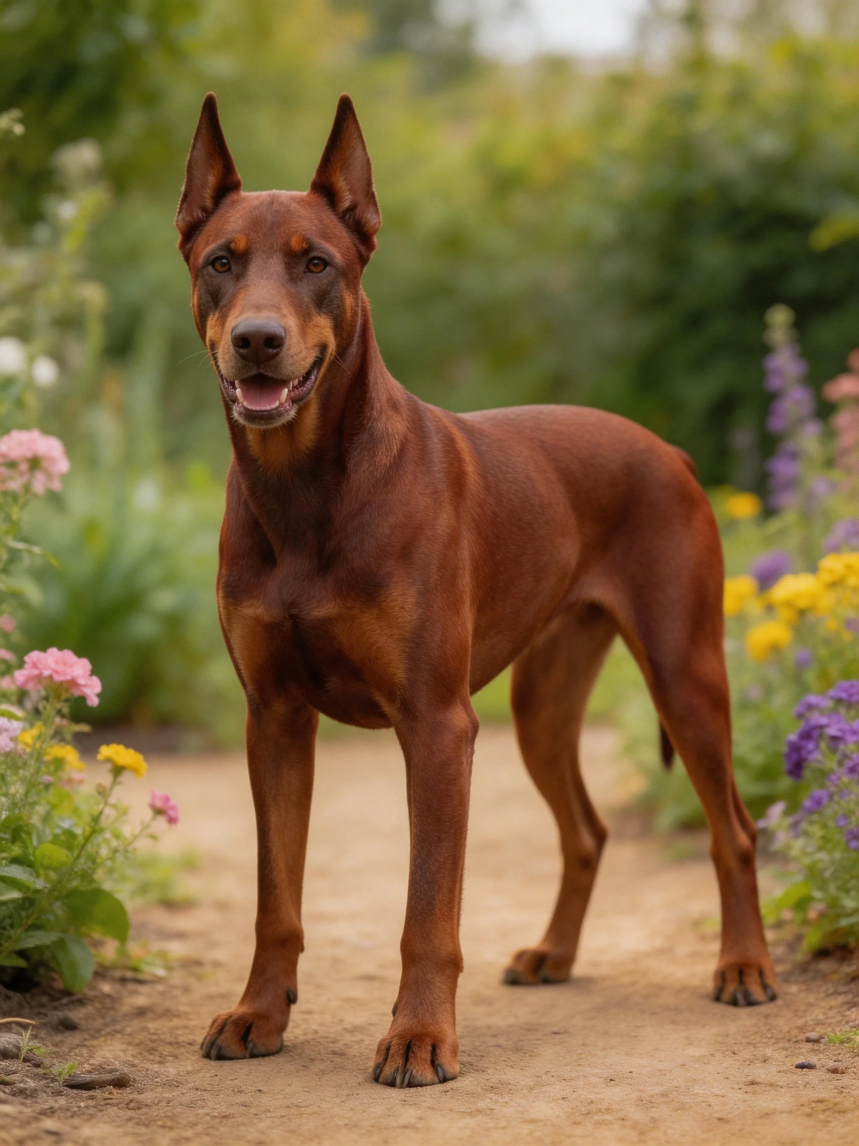 A reddish-brown Doberman stands on a garden dirt path among colorful flowers