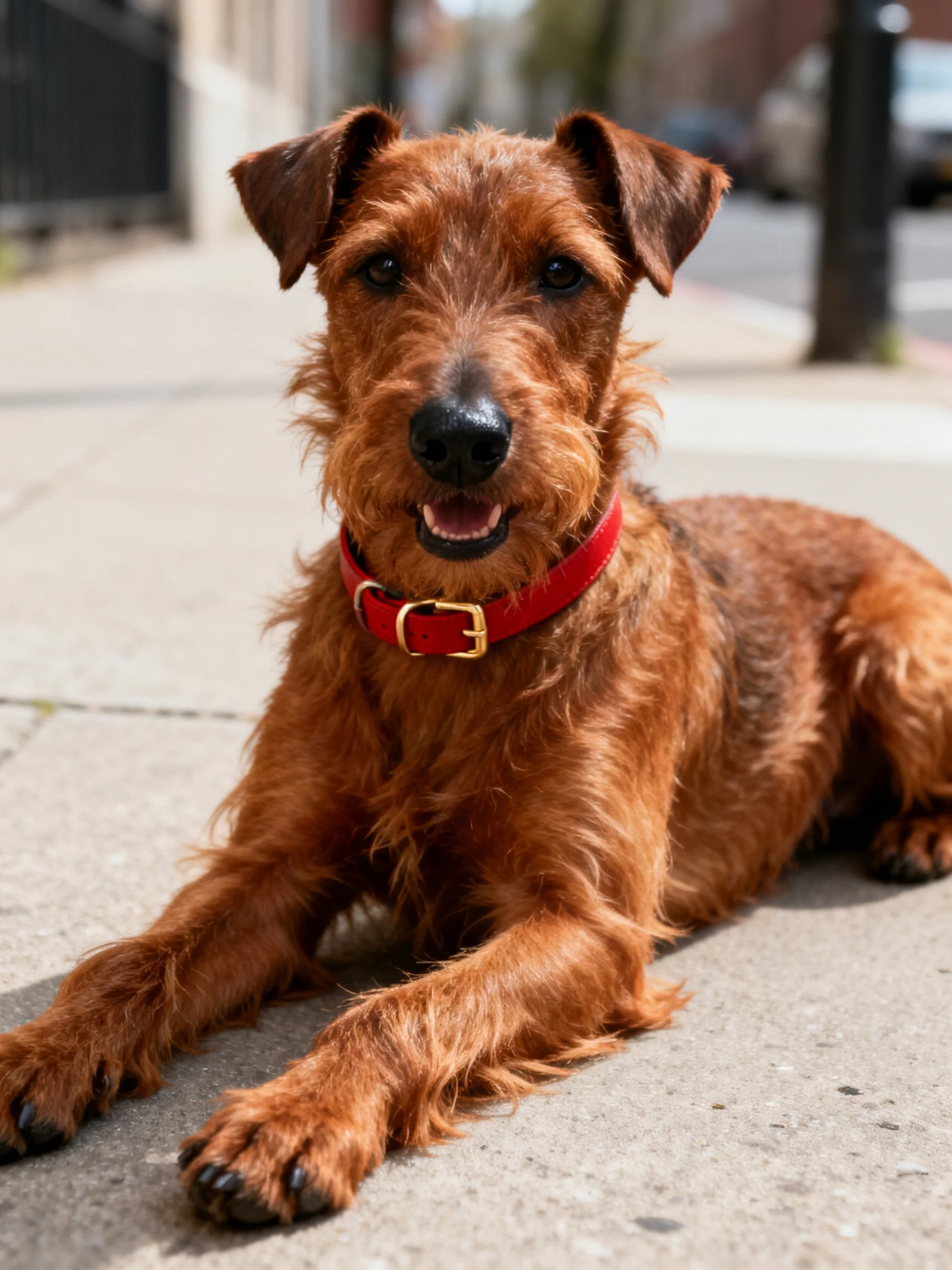 A reddish-brown Irish Terrier rests on concrete sidewalk with red collar