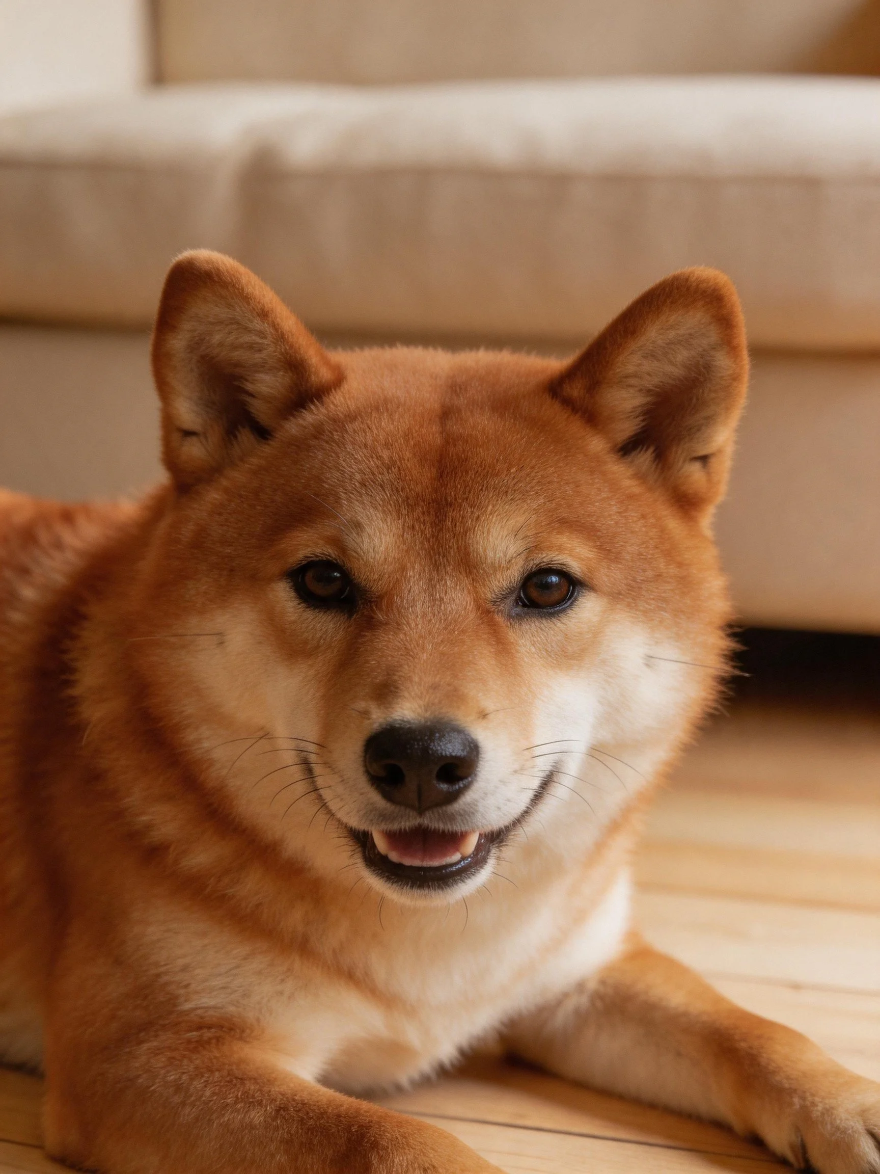 A reddish-brown Shiba Inu rests near a beige couch on wooden flooring