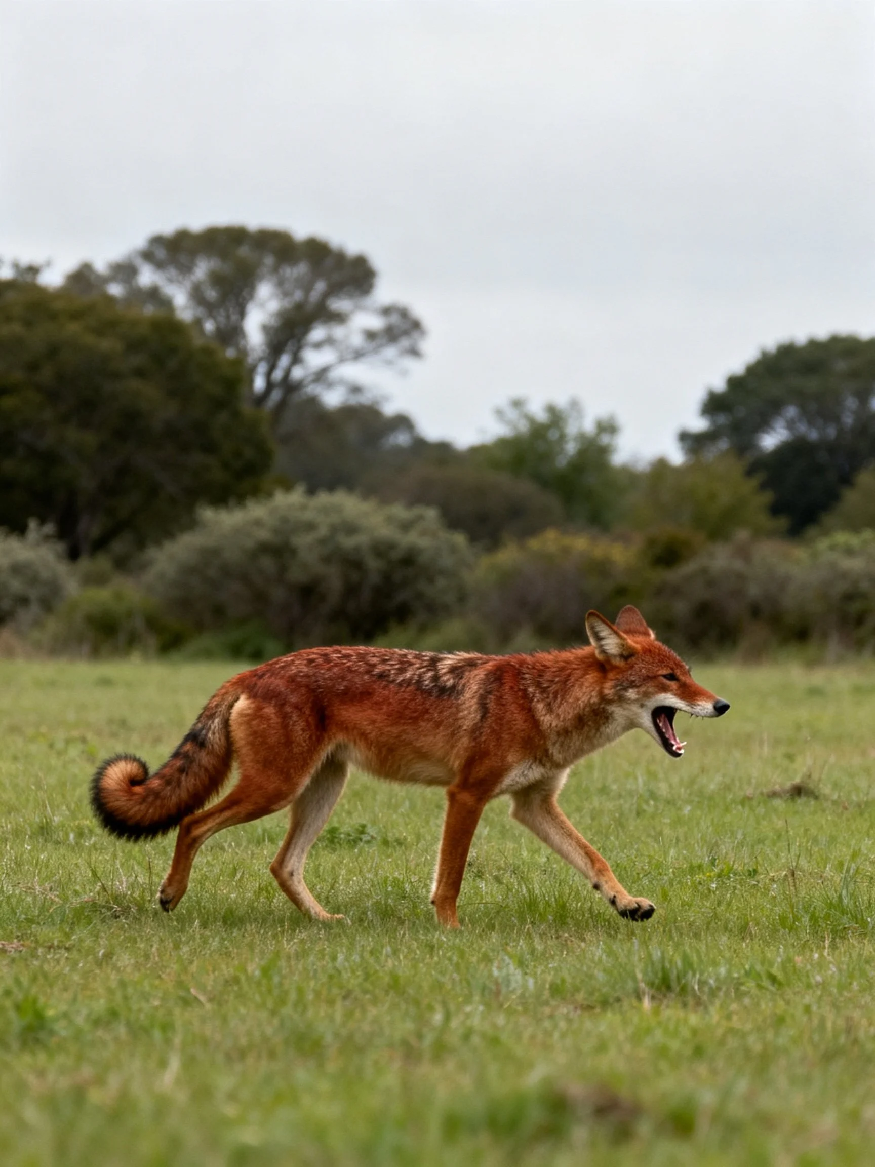 A reddish-brown canid moving through a grassy landscape