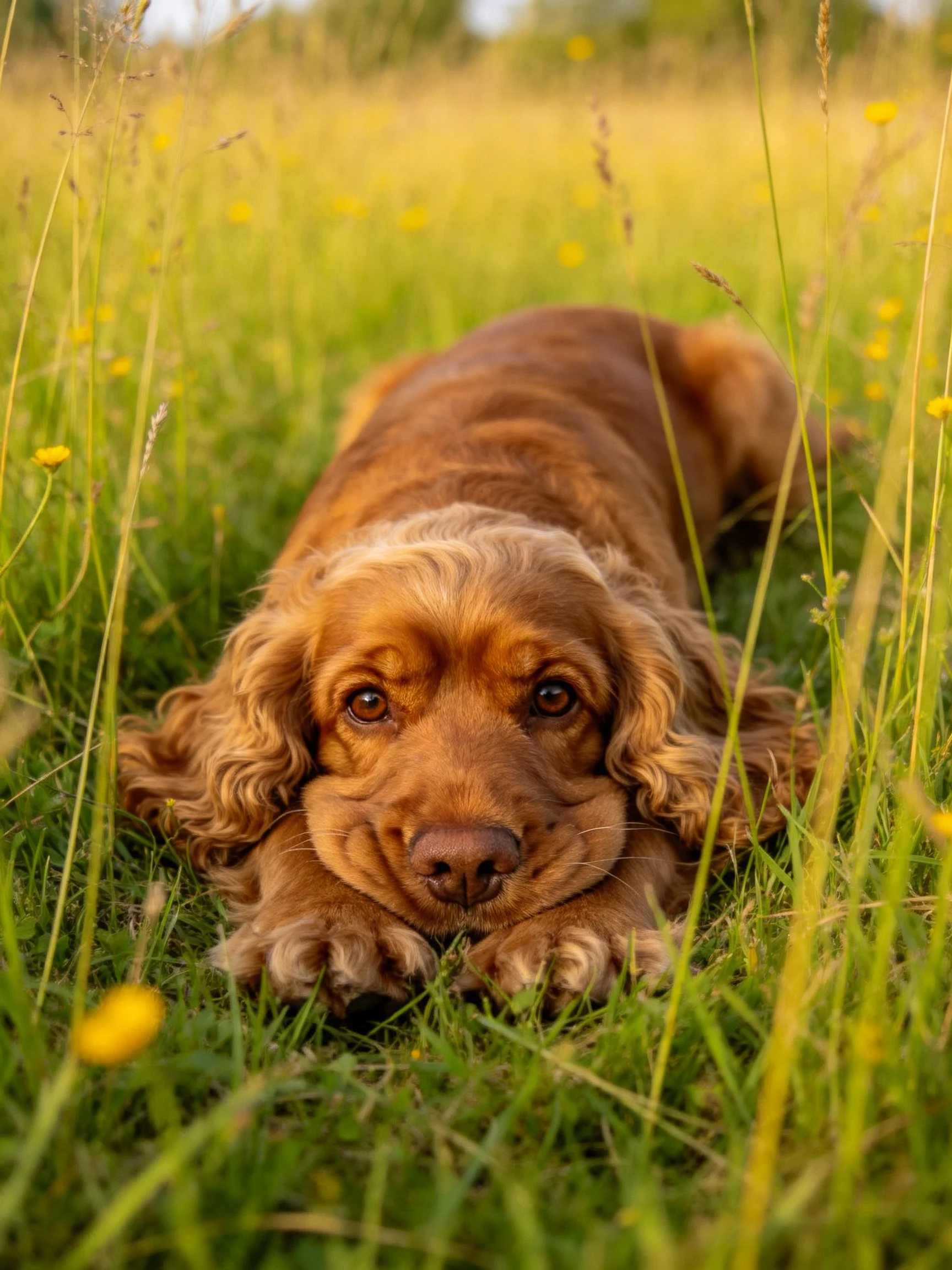 A reddish-brown cocker spaniel rests in a field of tall green grass and yellow wildflowers