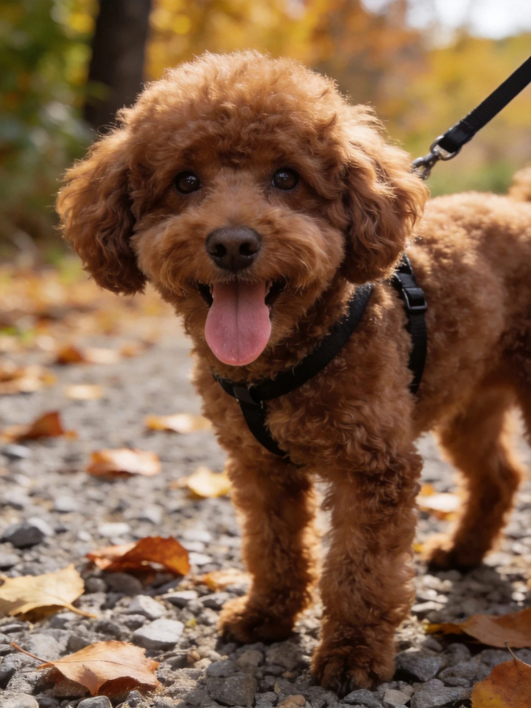 A reddish-brown curly-coated dog stands on a gravel path amid autumn leaves.