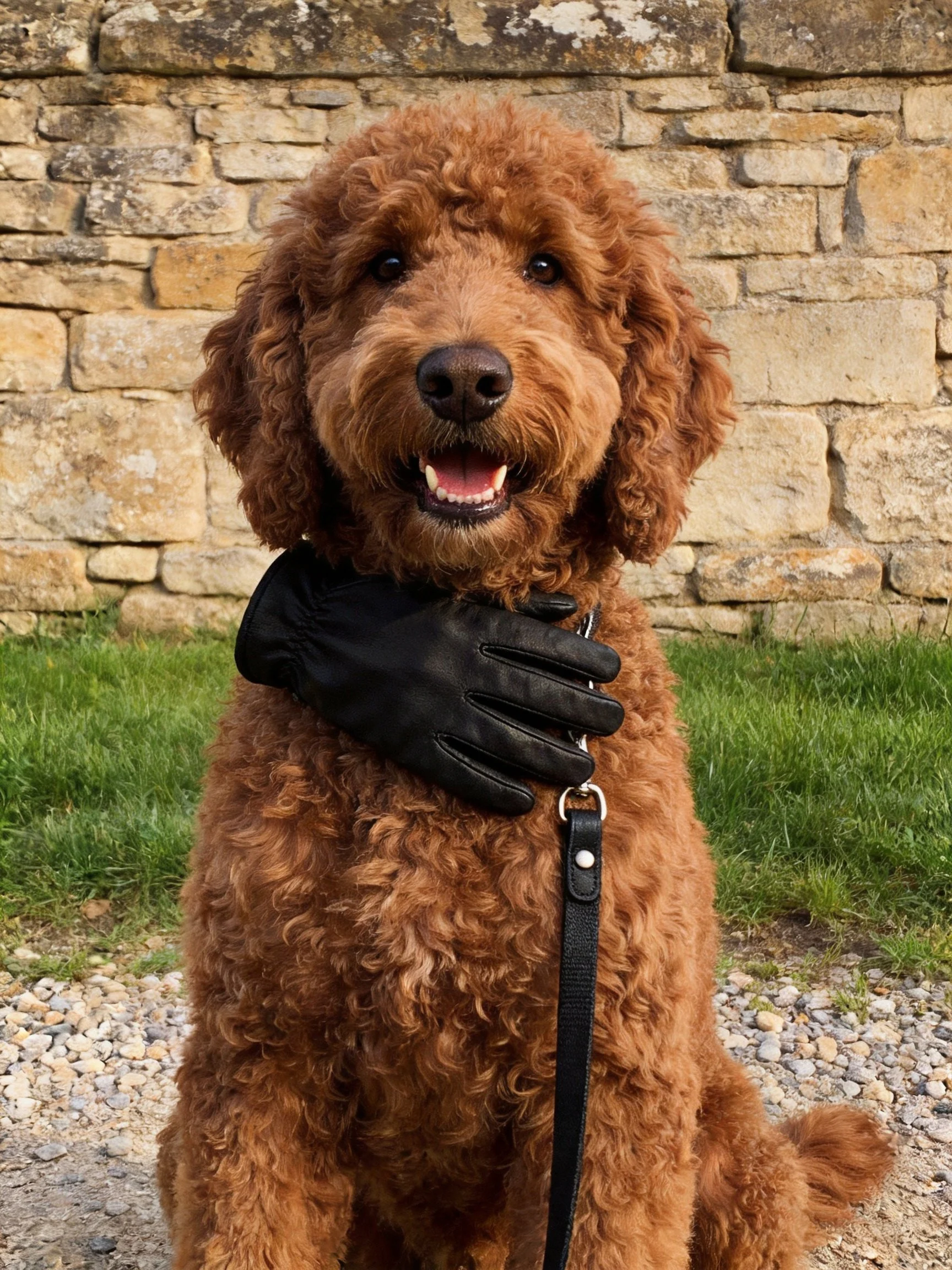 A reddish-brown curly-haired dog wears a black glove near a stone wall.