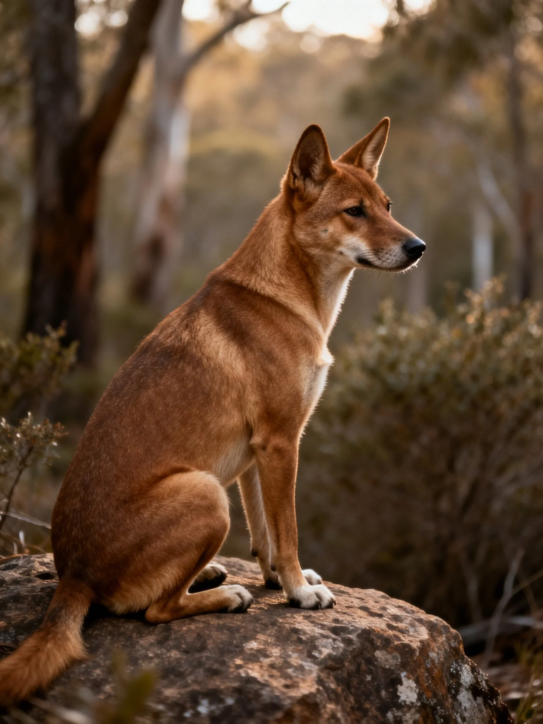 A reddish-brown dingo sits alertly on a large rock in a wooded area