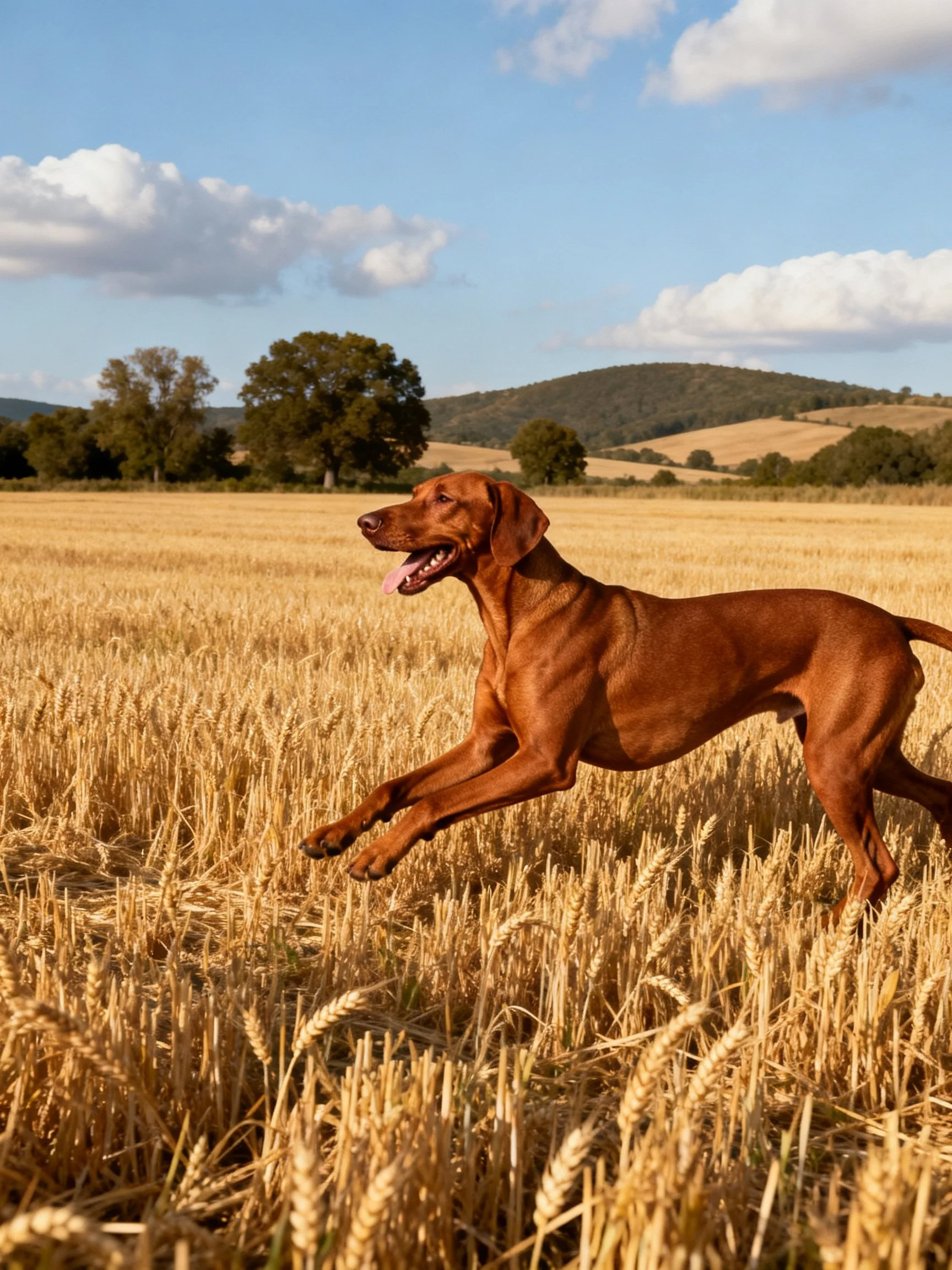 A reddish-brown dog bounds through golden wheat fields beneath sunny sky