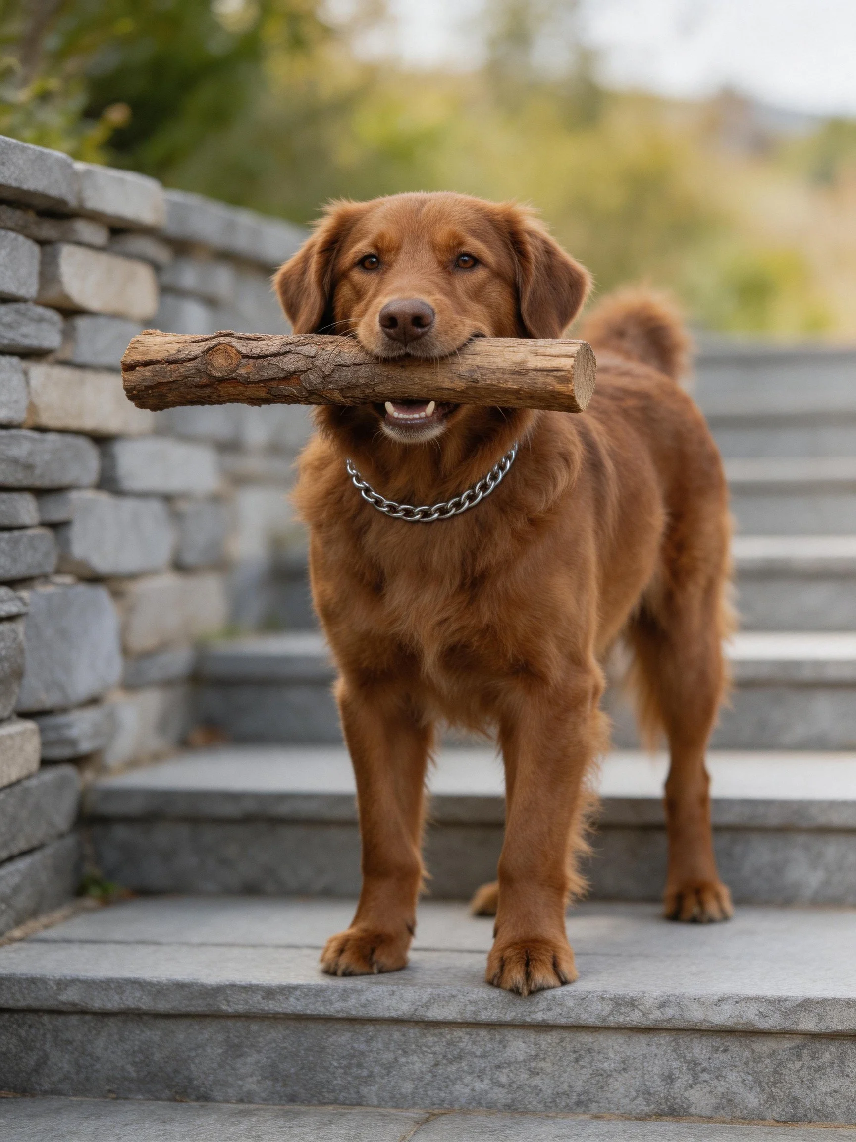 A reddish-brown dog carries a thick wooden log on stone steps