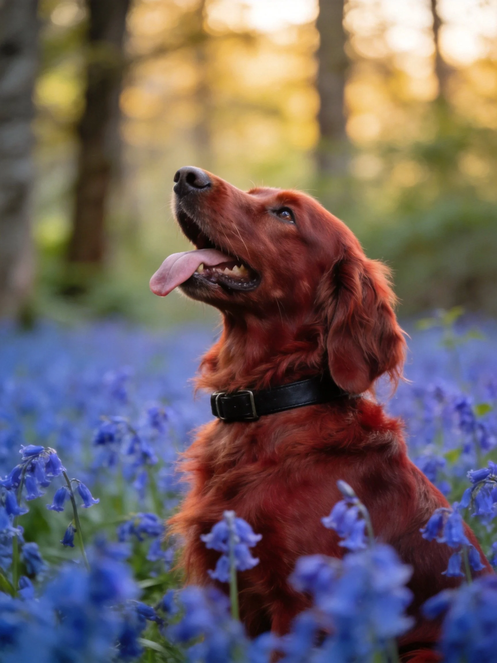 A reddish-brown dog relaxes in a field of bluebell flowers under forest light.
