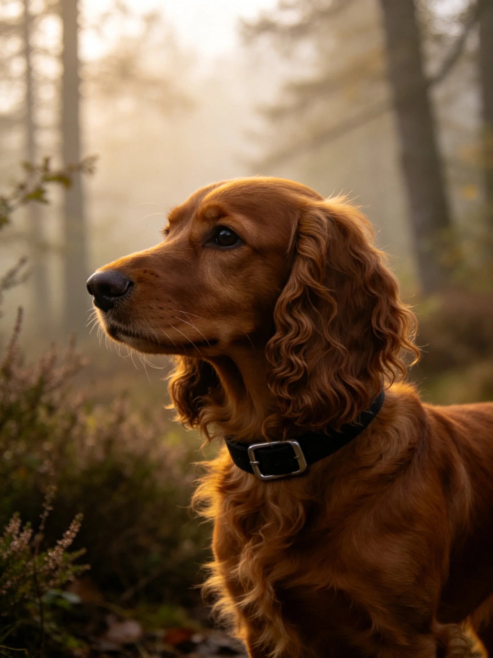 A reddish-brown dog gazes into a misty forest under soft sunlight