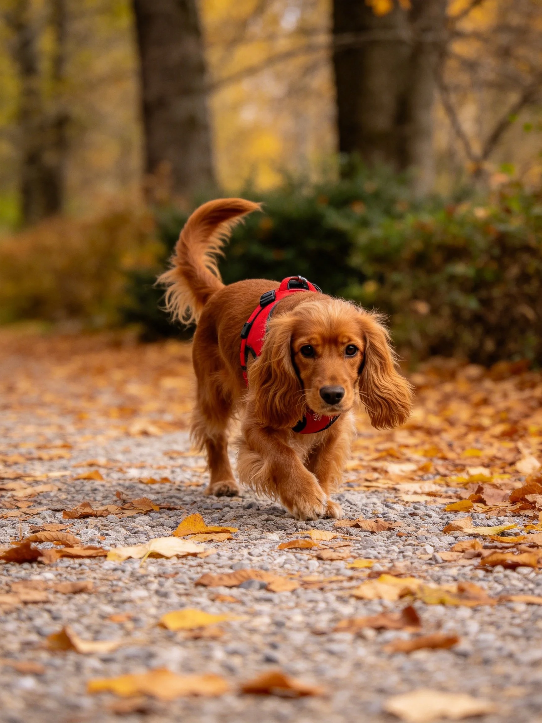 A reddish - brown dog in a red harness explores a leaf - covered gravel path.