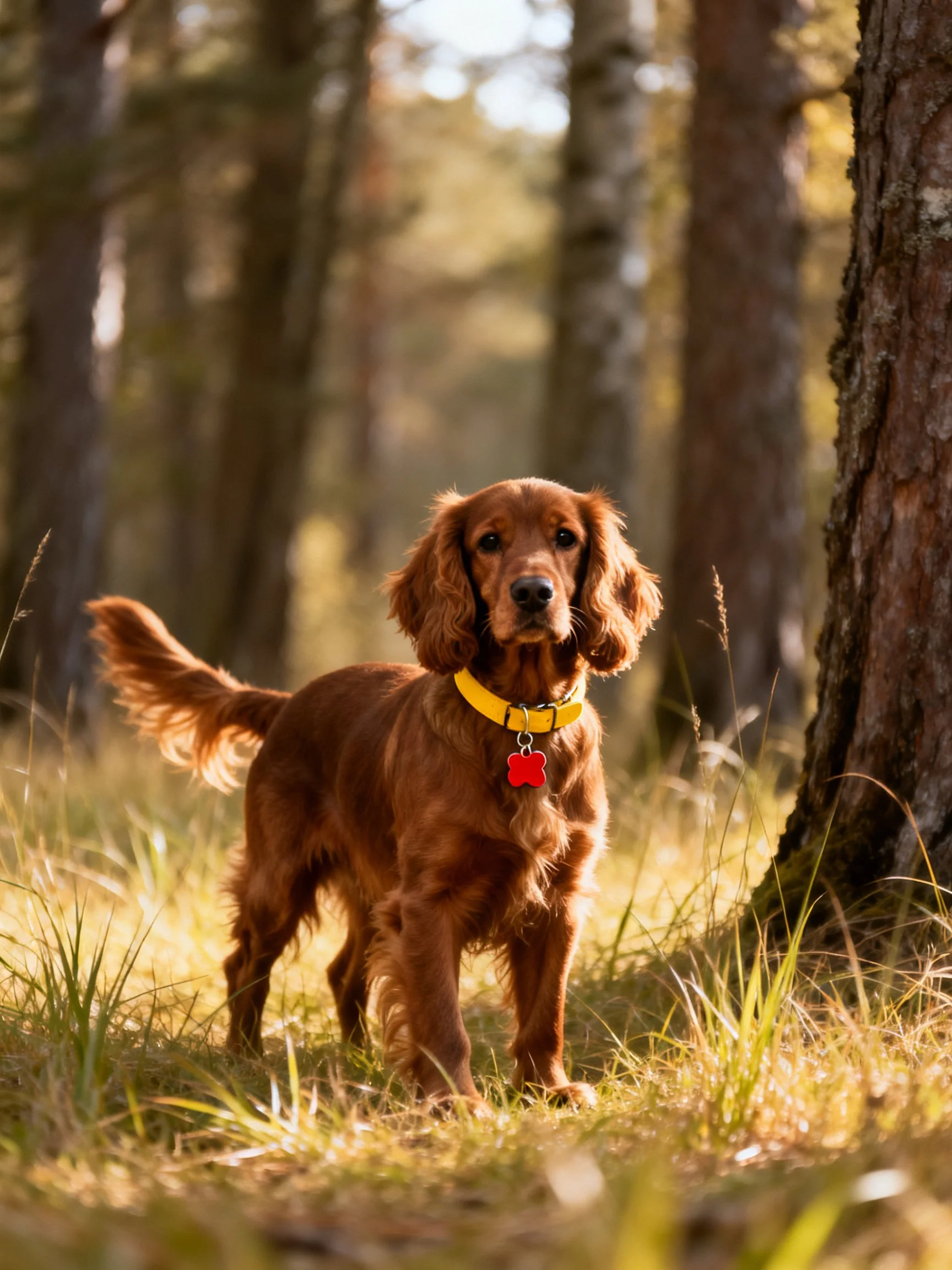 A reddish-brown dog stands in a sunlit forest clearing.