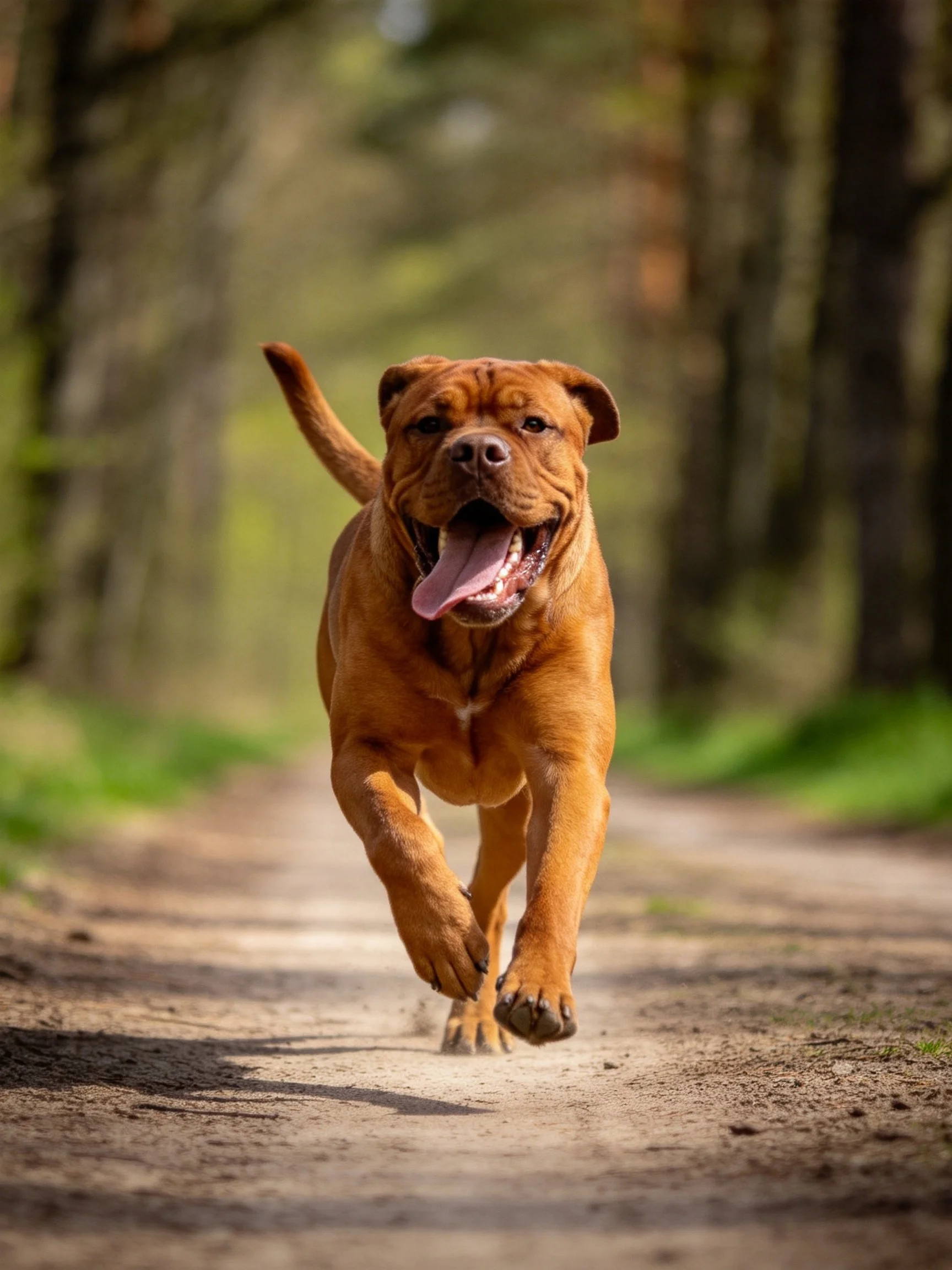 A reddish-brown dog joyfully runs on a sunlit forest path
