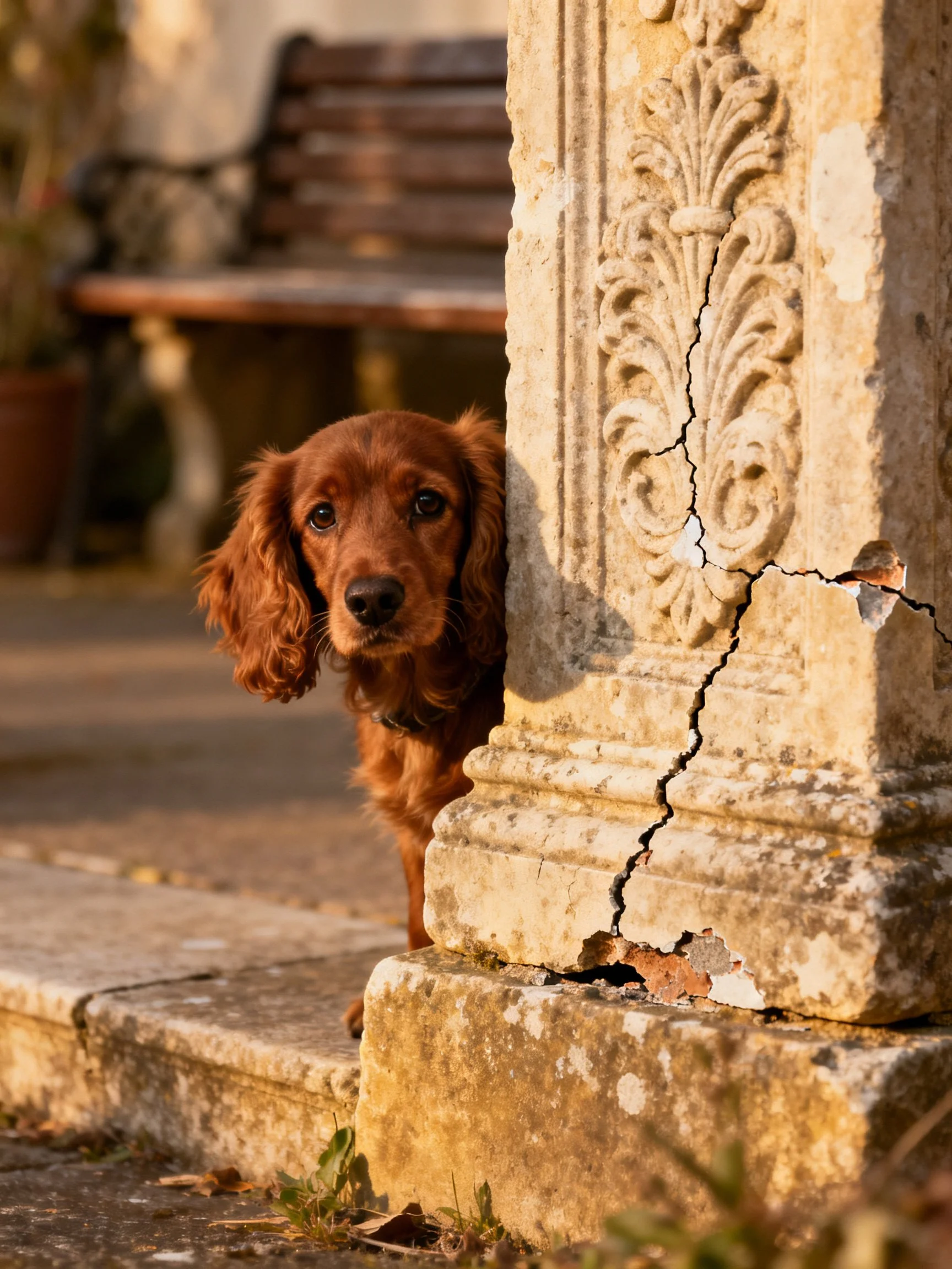 A reddish-brown dog peeks from behind a cracked stone column near an old bench