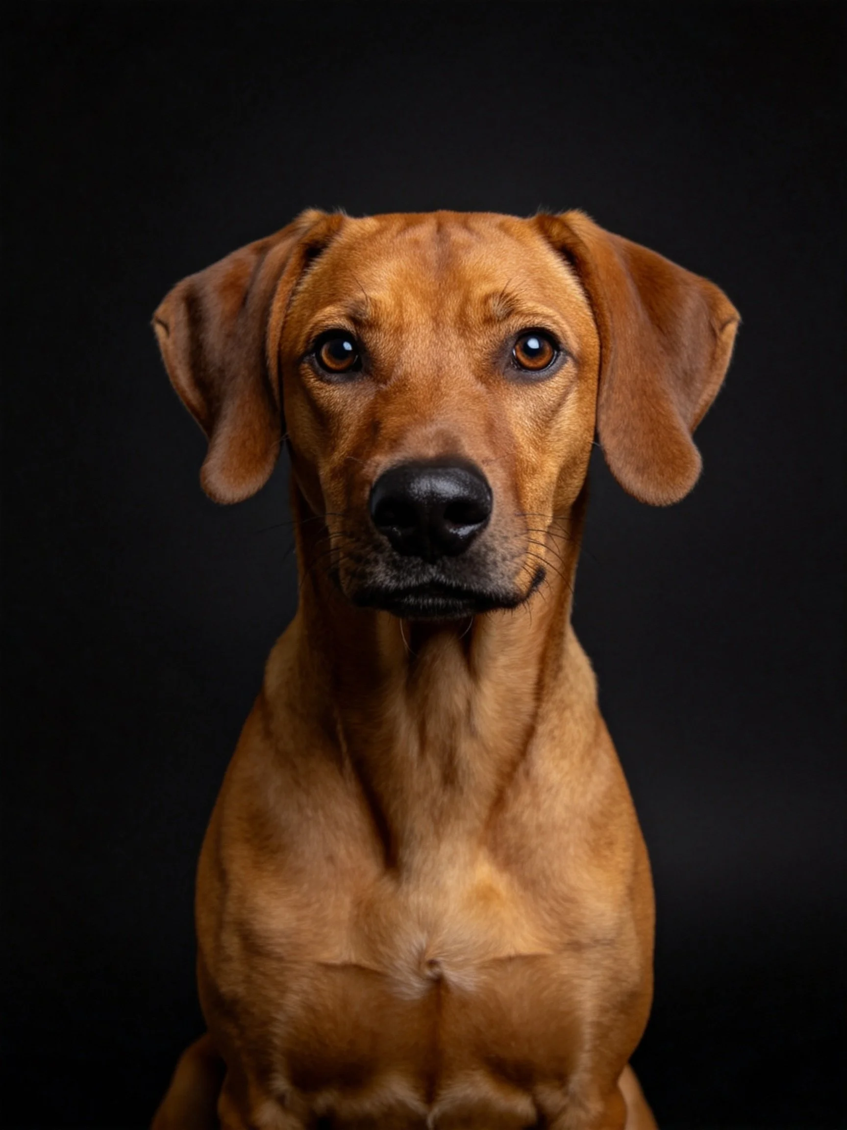 A reddish - brown dog photographed in a studio with a black backdrop