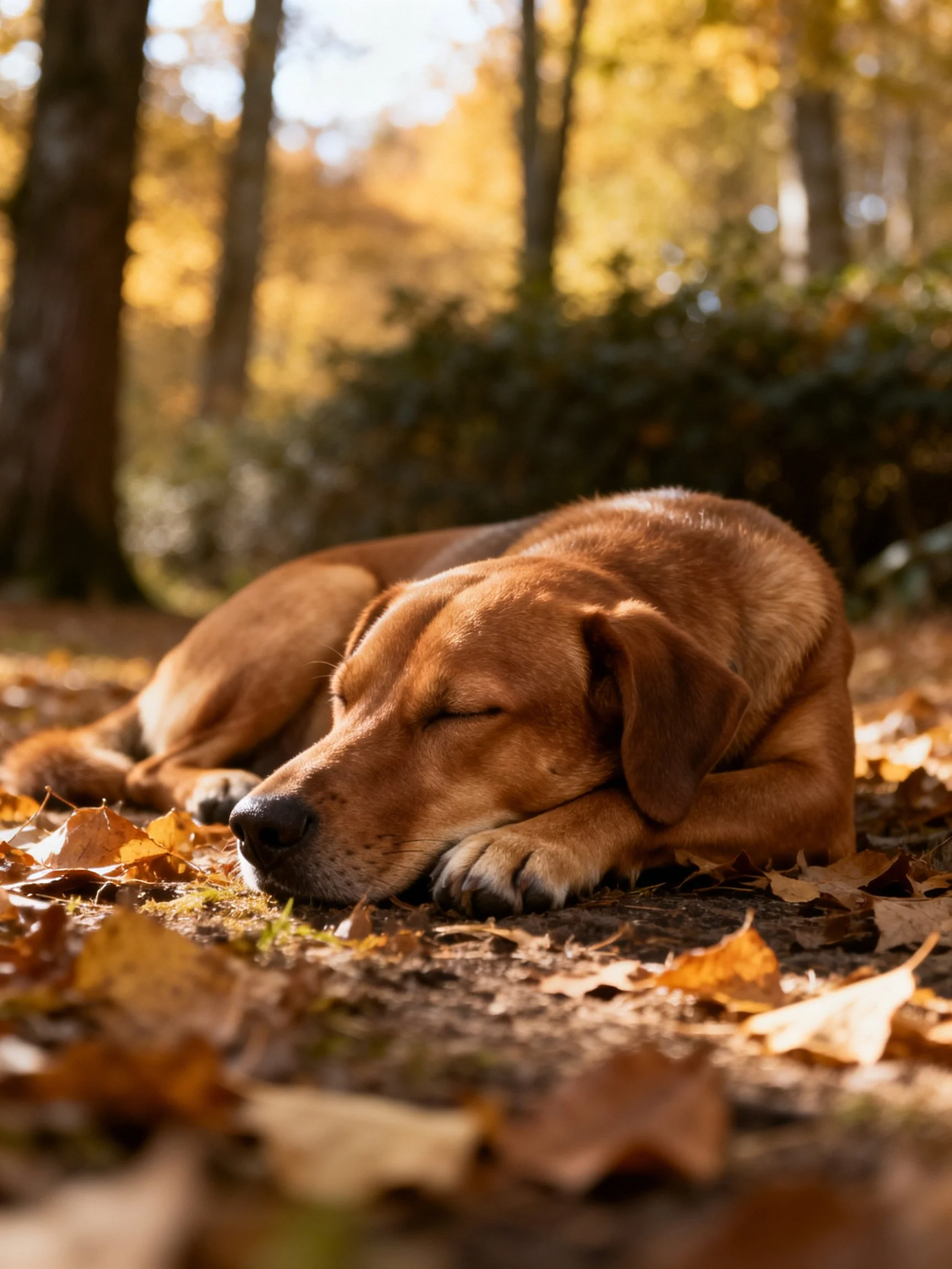 A reddish-brown dog rests among autumn leaves in a sunlit forest setting.