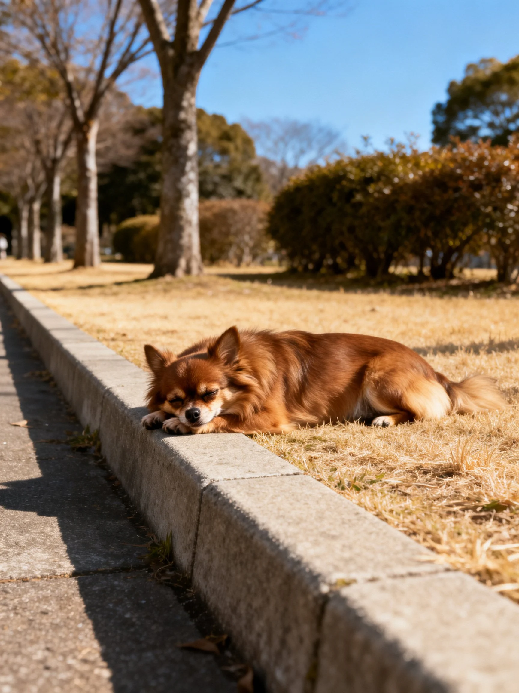 A reddish-brown dog relaxes next to a stone curb in a sunlit park
