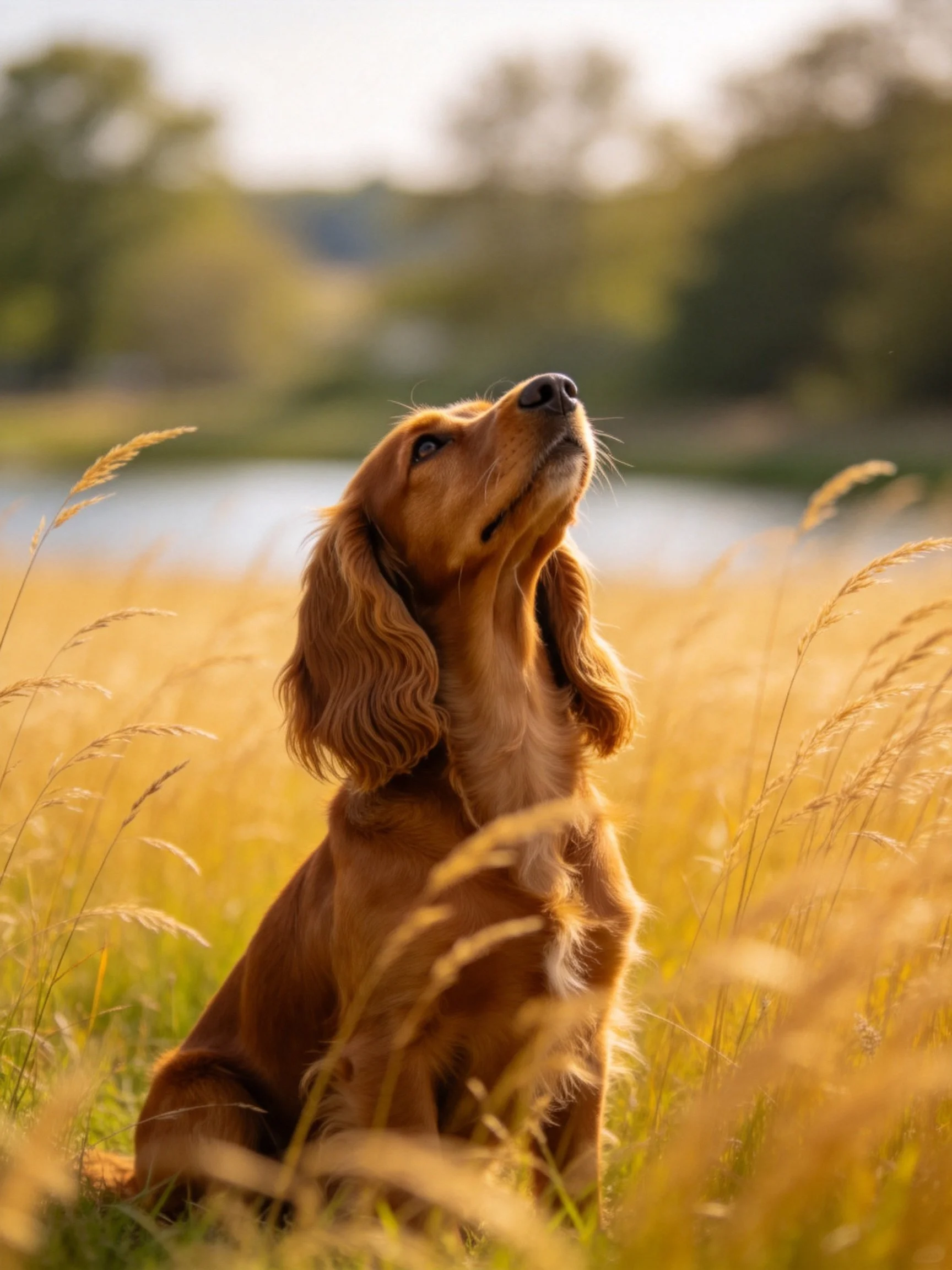 A reddish - brown dog rests in a sun - drenched grassy field by water