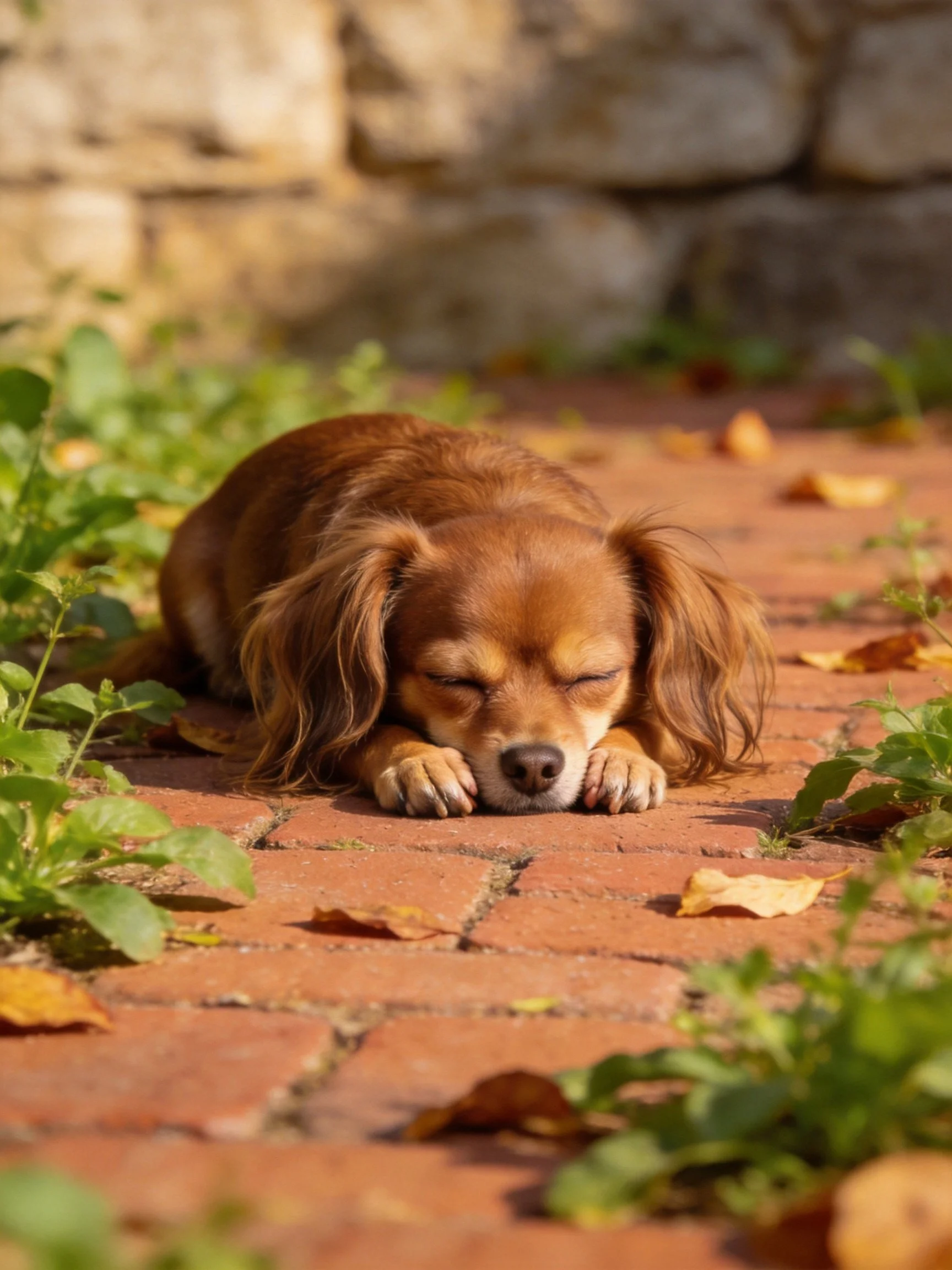 A reddish-brown dog sleeps peacefully on a brick path surrounded by greenery and fallen leaves