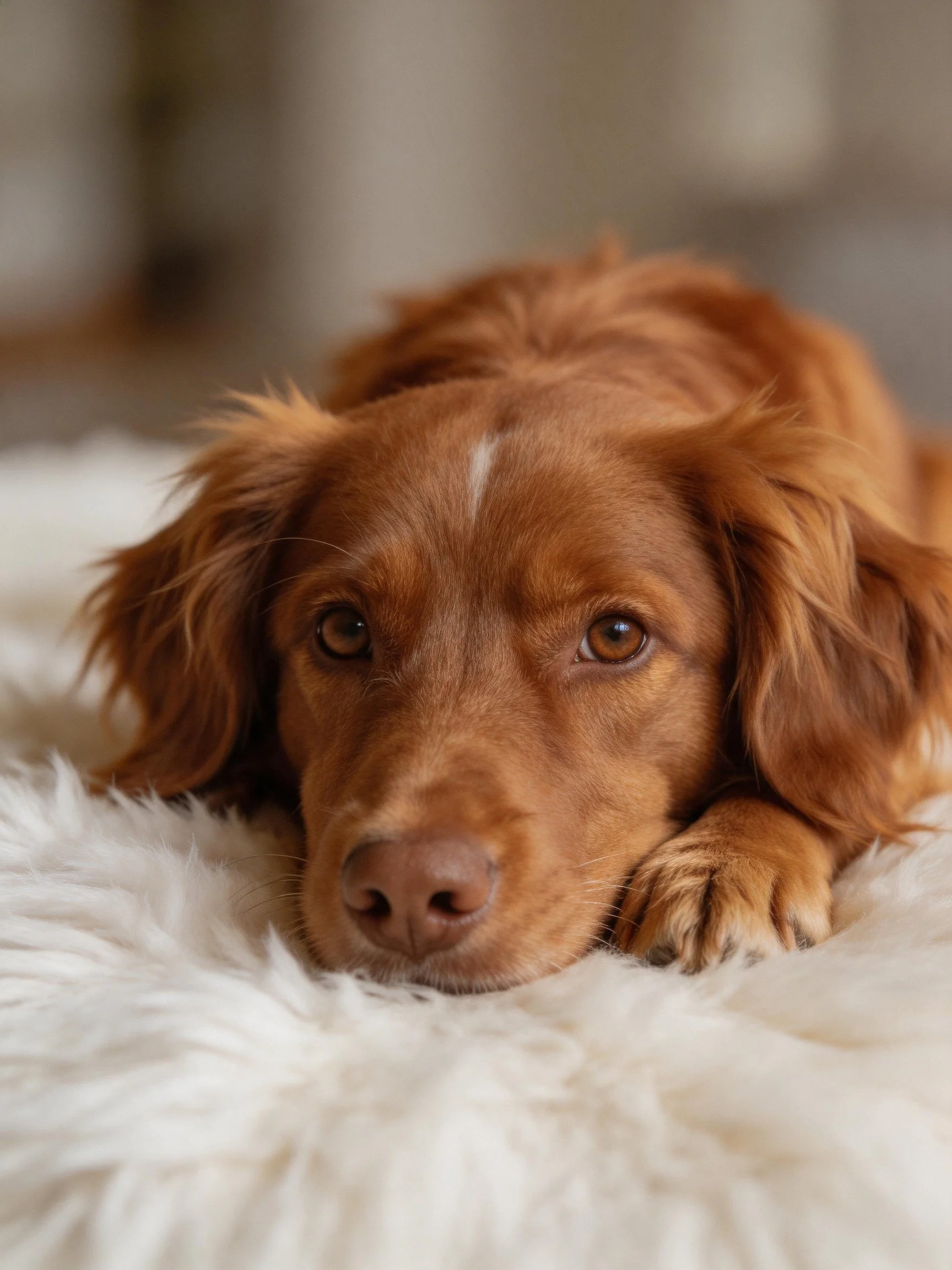 A reddish-brown dog relaxes comfortably on a soft white cushion.