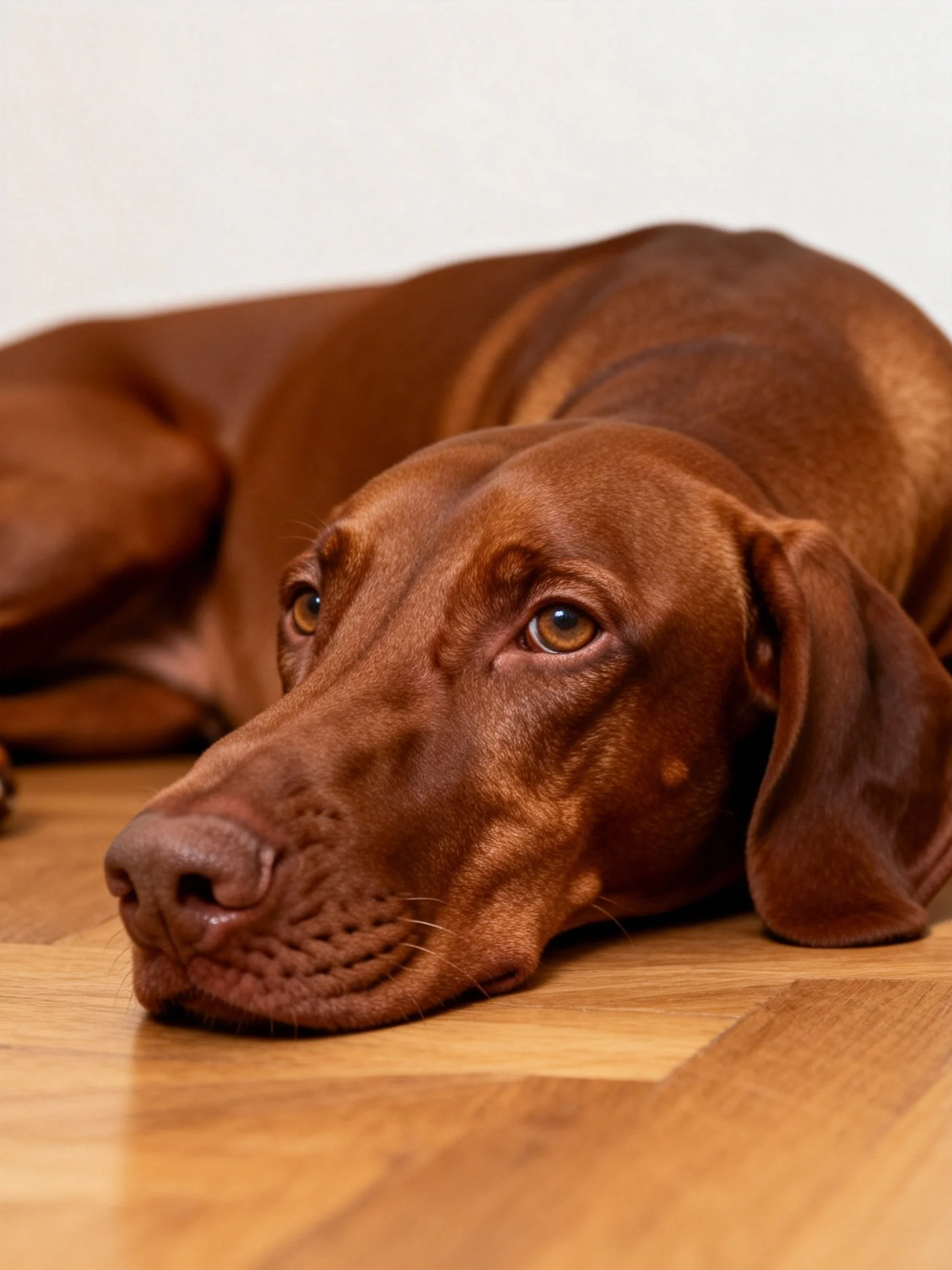 A reddish-brown dog relaxes on a wooden floor in a calm environment.