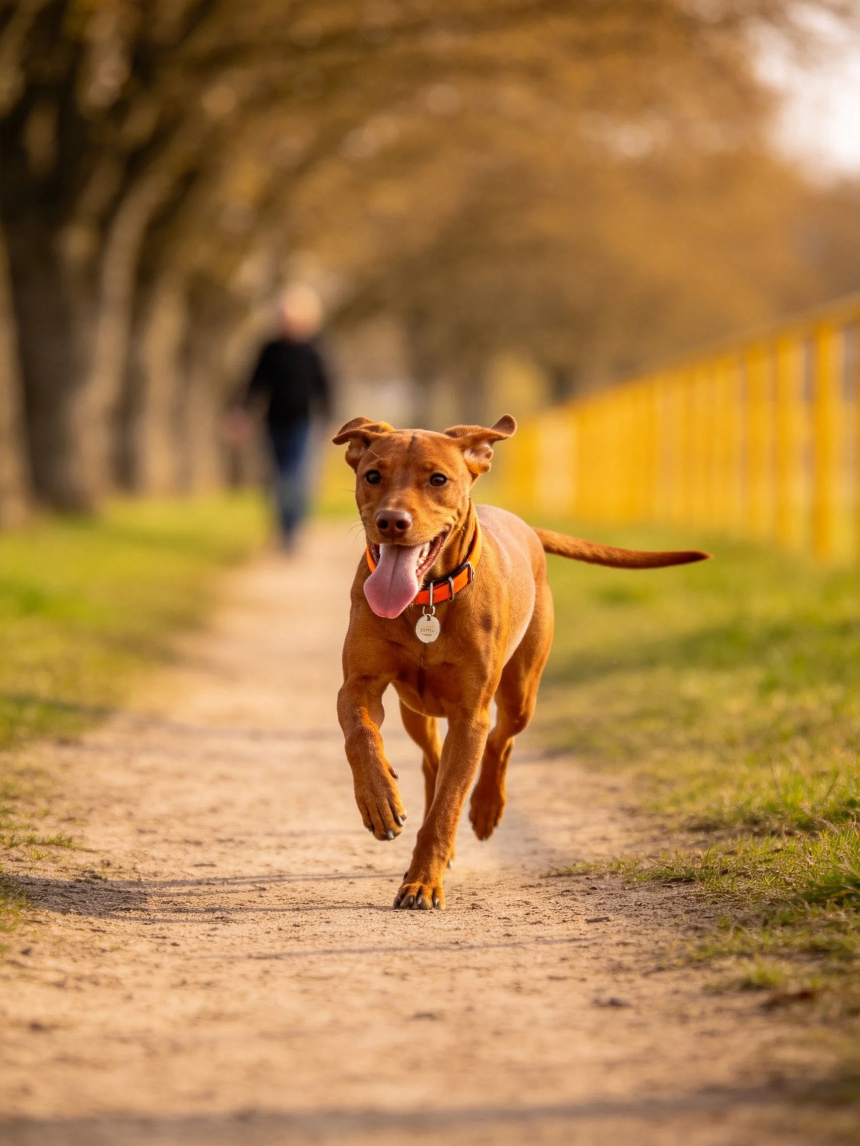 A reddish-brown dog runs energetically toward the camera on a sunlit outdoor path.
