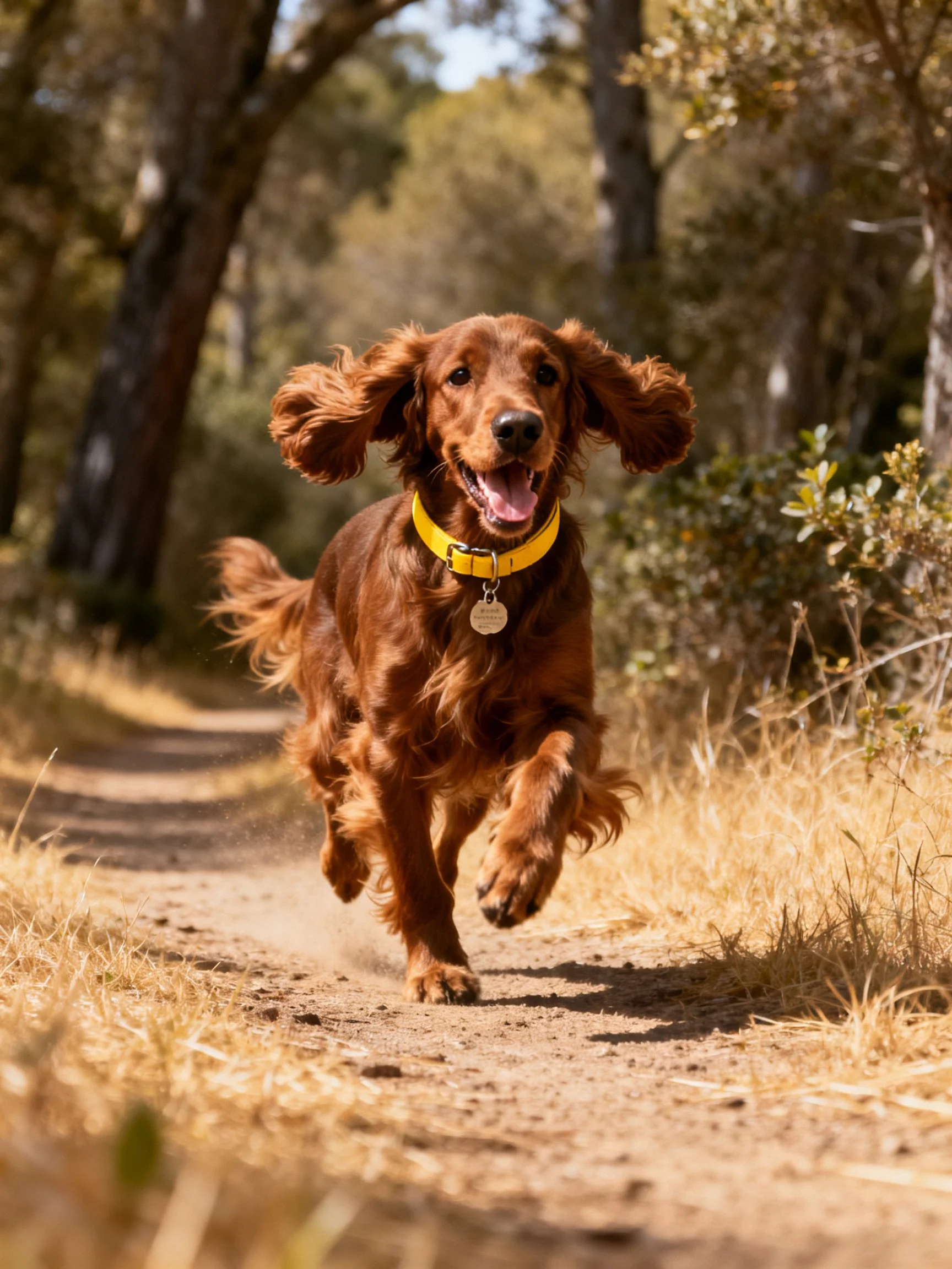 A reddish-brown dog runs joyfully on a forest trail